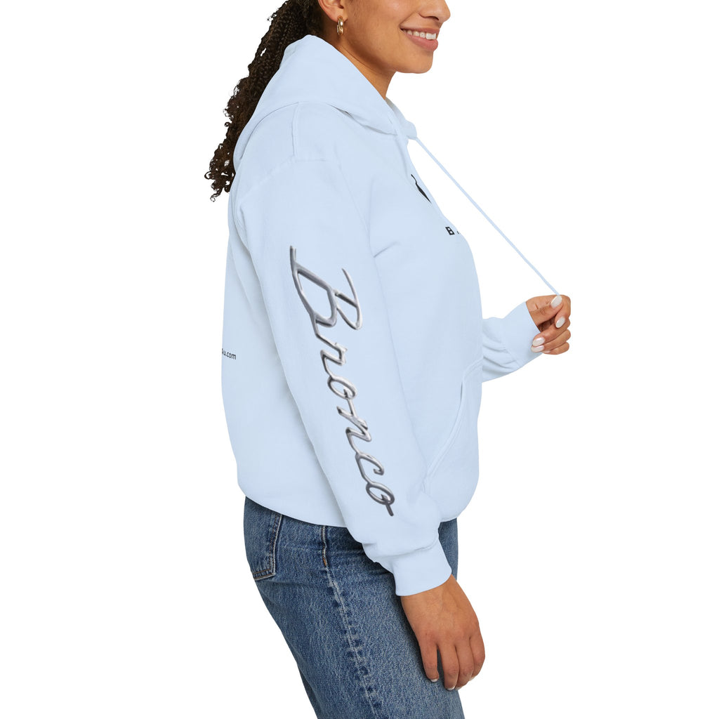 Bronco Logo Hoodie – Bucking Bronco with Distressed American Flag Tire-Track Back Hoodie