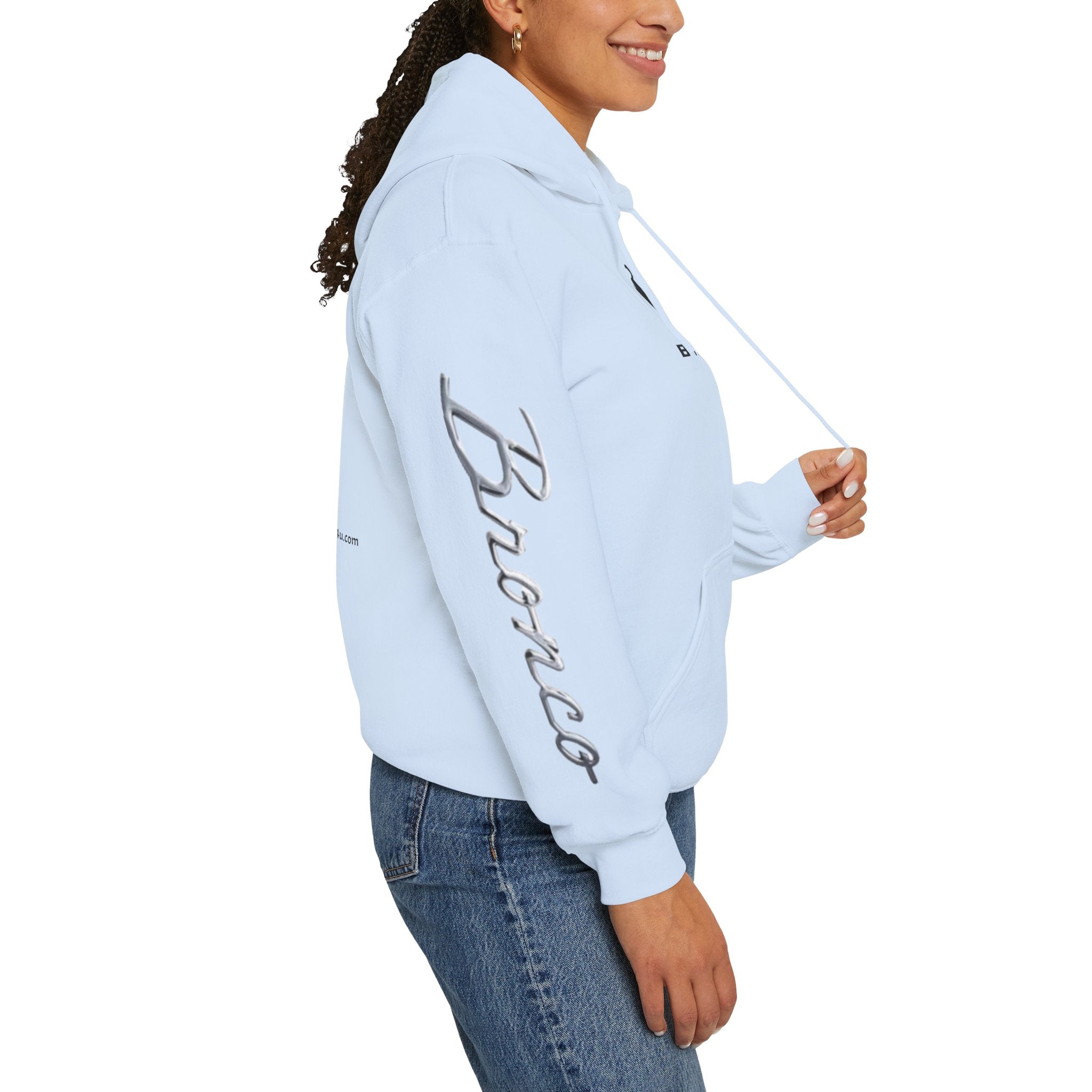 Bronco Logo Hoodie – Bucking Bronco with Distressed American Flag Tire-Track Back Hoodie
