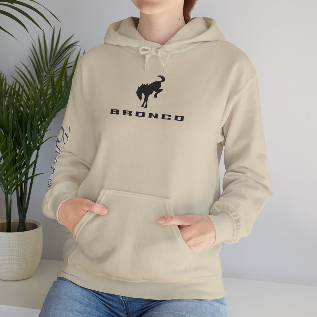 Bronco Logo Hoodie – Bucking Bronco with Distressed American Flag Tire-Track Back Hoodie