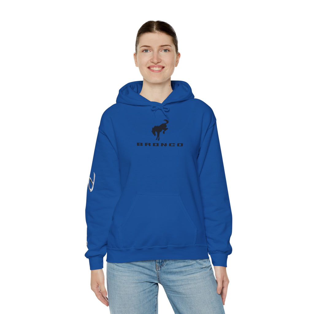 Bronco Logo Hoodie – Bucking Bronco with Distressed American Flag Tire-Track Back Royal Hoodie