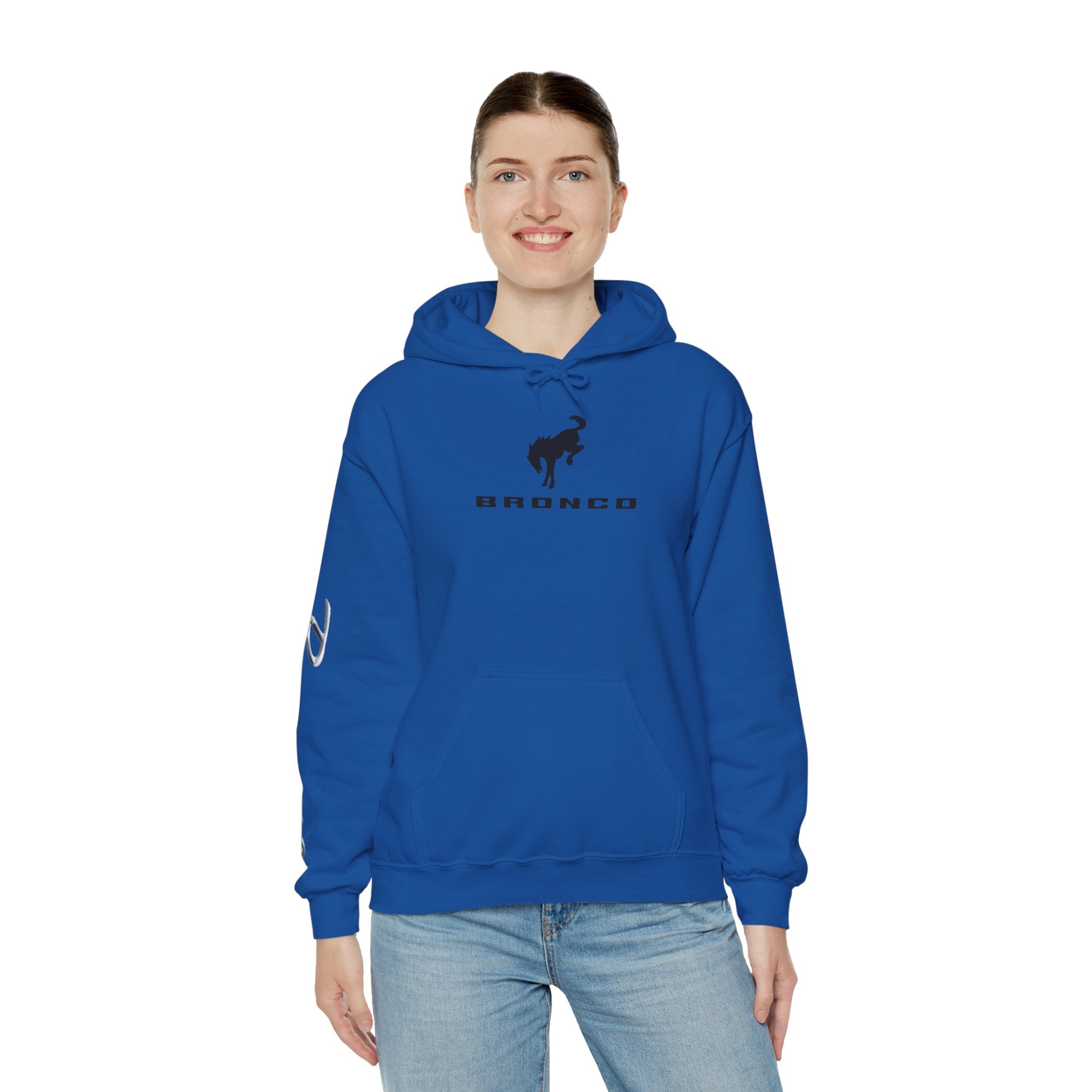 Bronco Logo Hoodie – Bucking Bronco with Distressed American Flag Tire-Track Back