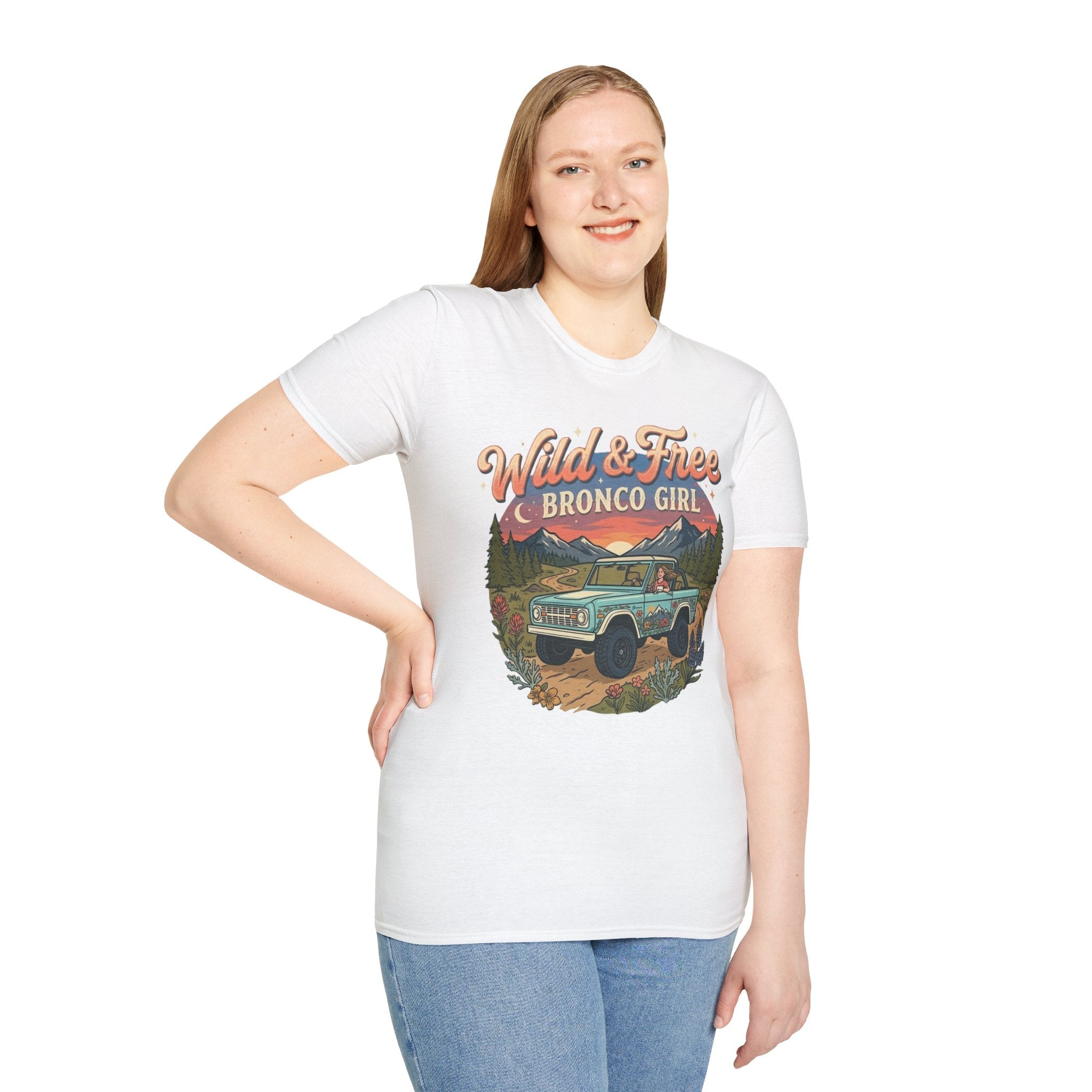 Wild & Free Bronco Girl Tee – Vintage Ford Bronco Women’s Off-Road Adventure Shirt