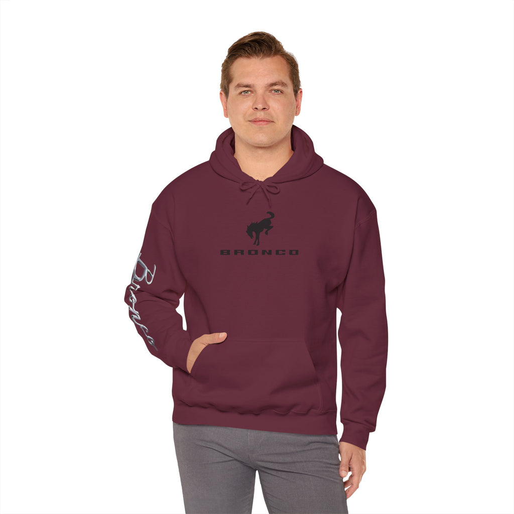 Bronco Logo Hoodie – Bucking Bronco with Distressed American Flag Tire-Track Back Maroon Hoodie
