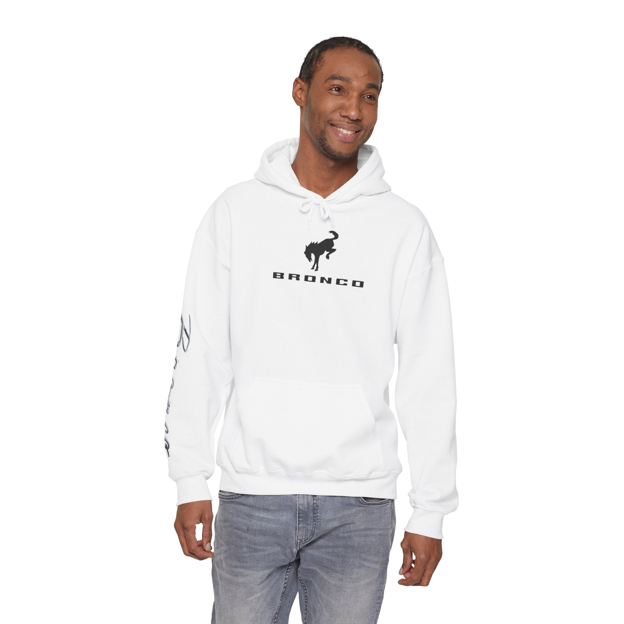 Bronco Logo Hoodie – Bucking Bronco with Distressed American Flag Tire-Track Back Hoodie