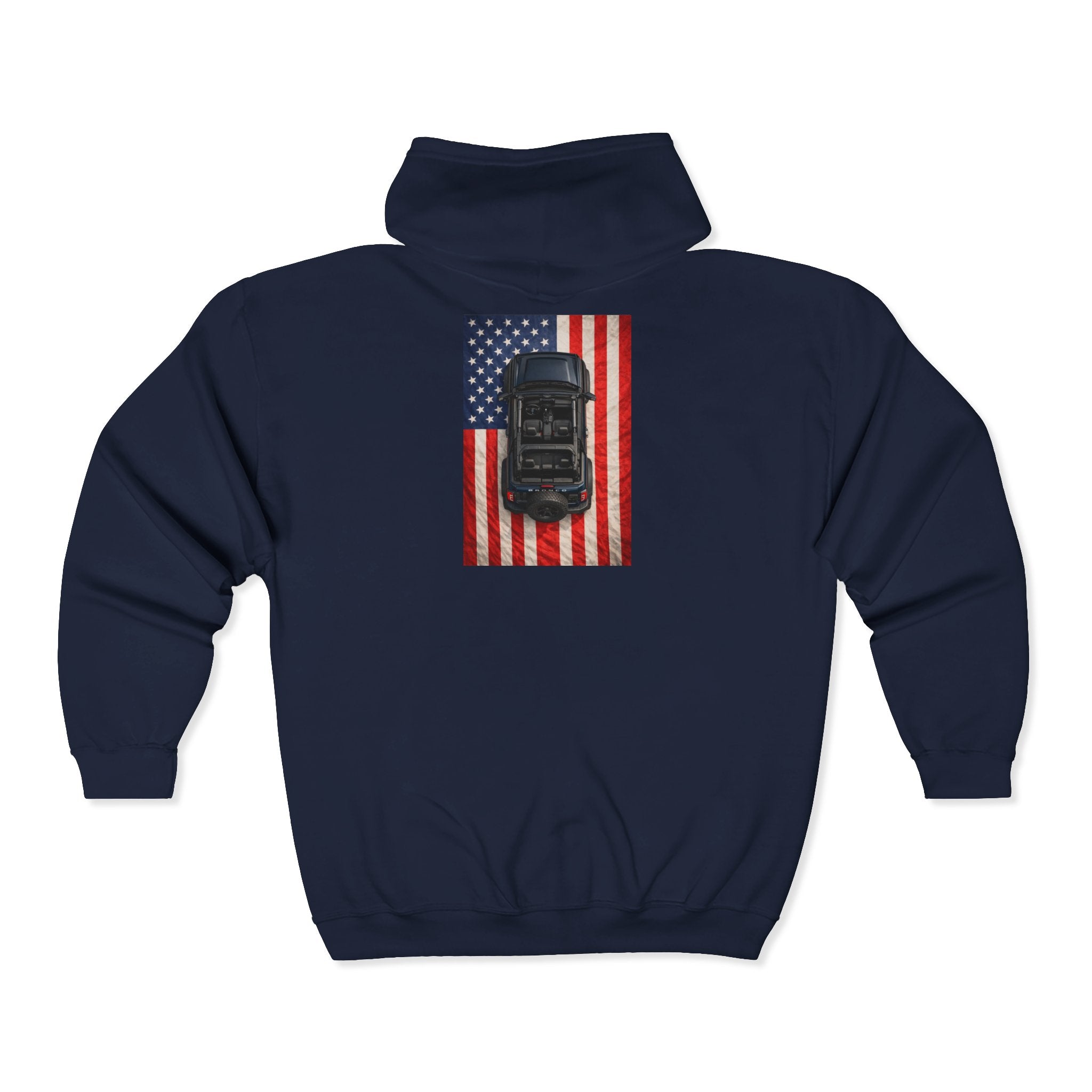 Bronco Life Patriot Zip-Up Hoodie | Flag Back & Cozy Fleece for Sunset Trail Rides
