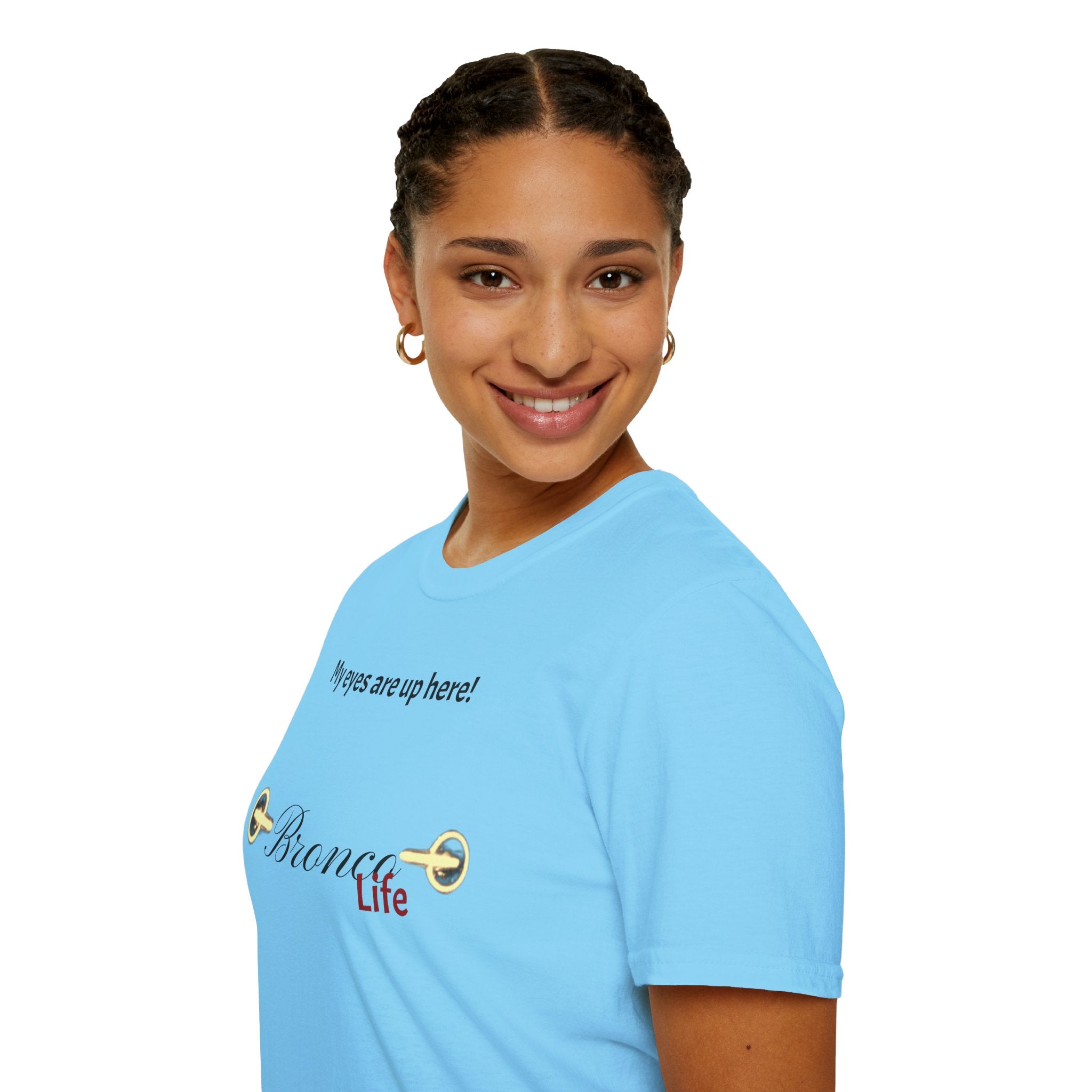 “My Eyes Are Up Here” Bronco Yellow Headlights Tee — The Ultimate Bronco Life Icebreaker