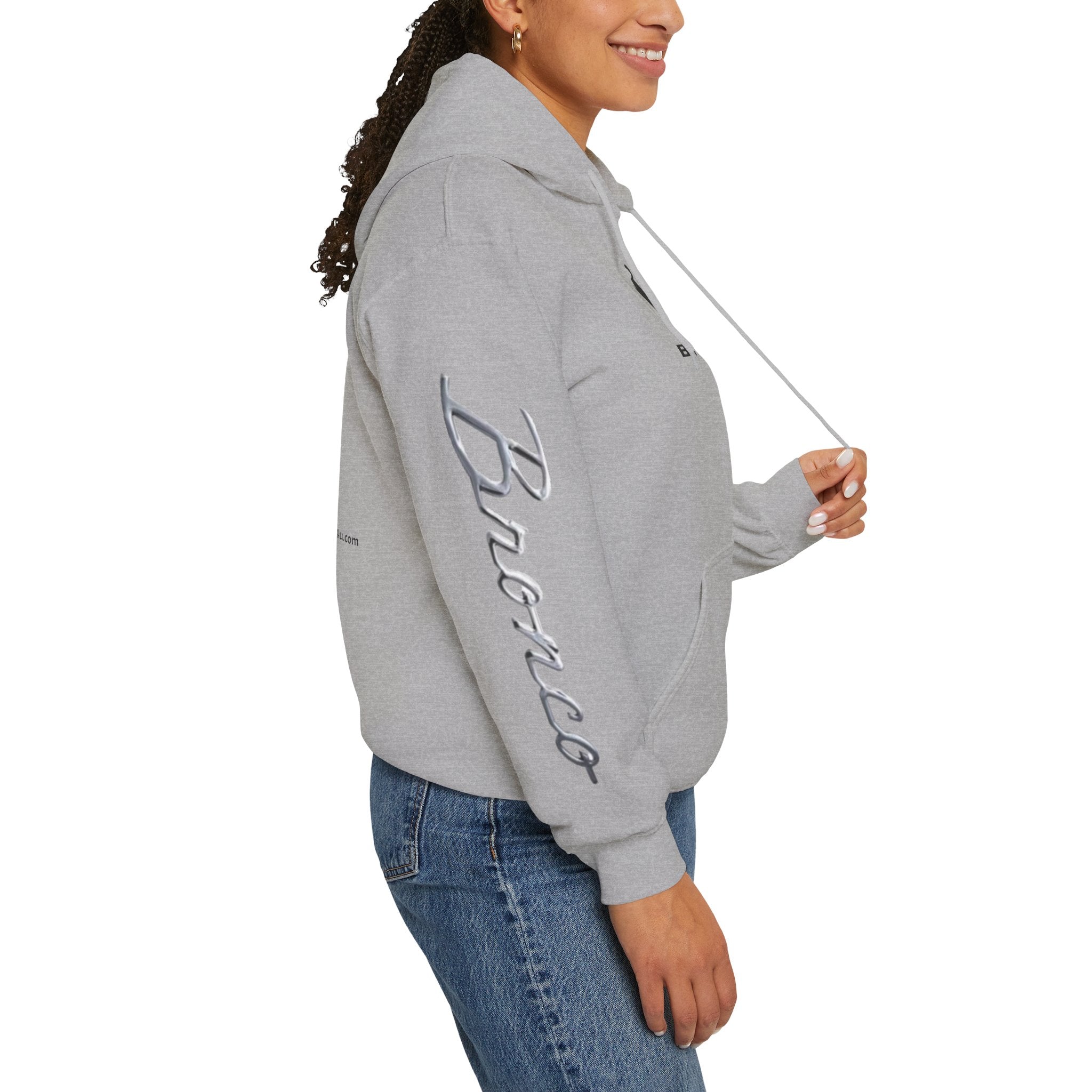 Bronco Logo Hoodie – Bucking Bronco with Distressed American Flag Tire-Track Back Hoodie
