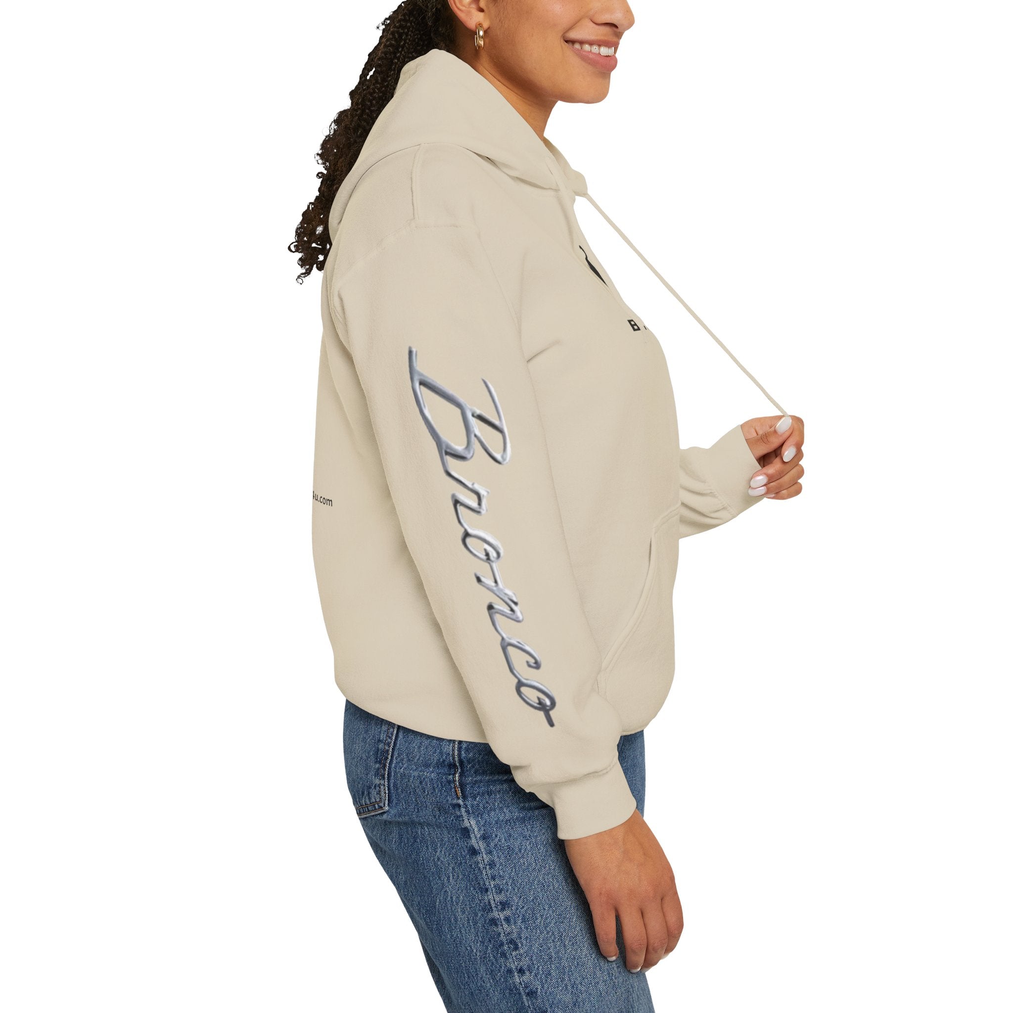 Bronco Logo Hoodie – Bucking Bronco with Distressed American Flag Tire-Track Back Hoodie