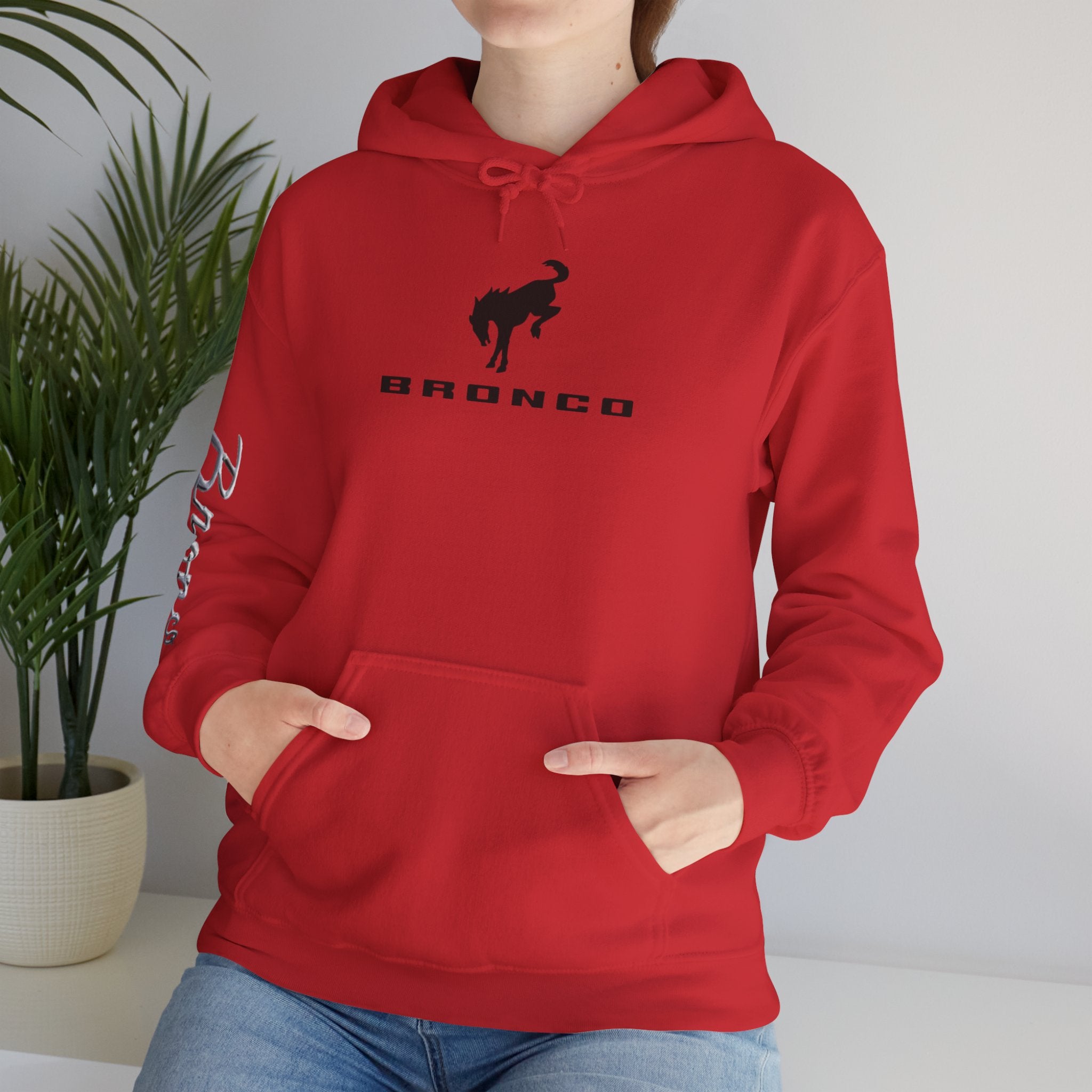 Bronco Logo Hoodie – Bucking Bronco with Distressed American Flag Tire-Track Back Hoodie