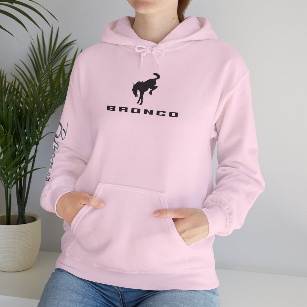 Bronco Logo Hoodie – Bucking Bronco with Distressed American Flag Tire-Track Back Hoodie