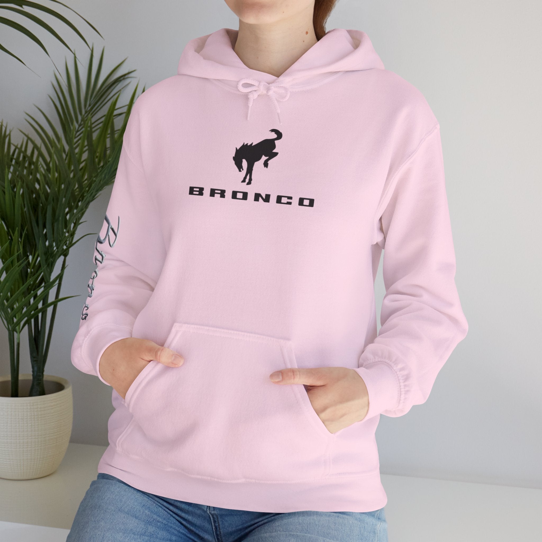 Bronco Logo Hoodie – Bucking Bronco with Distressed American Flag Tire-Track Back Hoodie