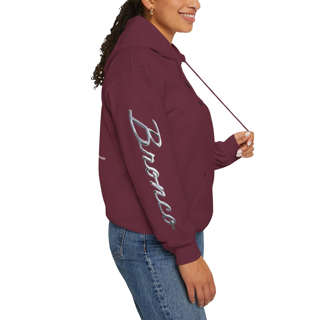 Bronco Logo Hoodie – Bucking Bronco with Distressed American Flag Tire-Track Back Hoodie