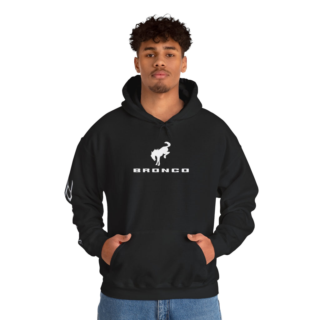 Bronco Logo Hoodie – Bucking Bronco with Distressed American Flag Tire-Track Back Black Hoodie