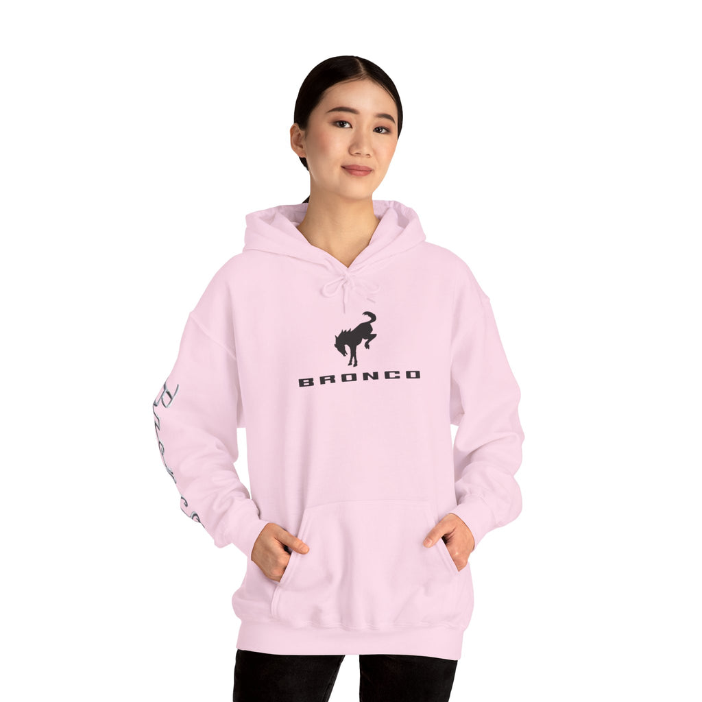 Bronco Logo Hoodie – Bucking Bronco with Distressed American Flag Tire-Track Back Light Pink Hoodie