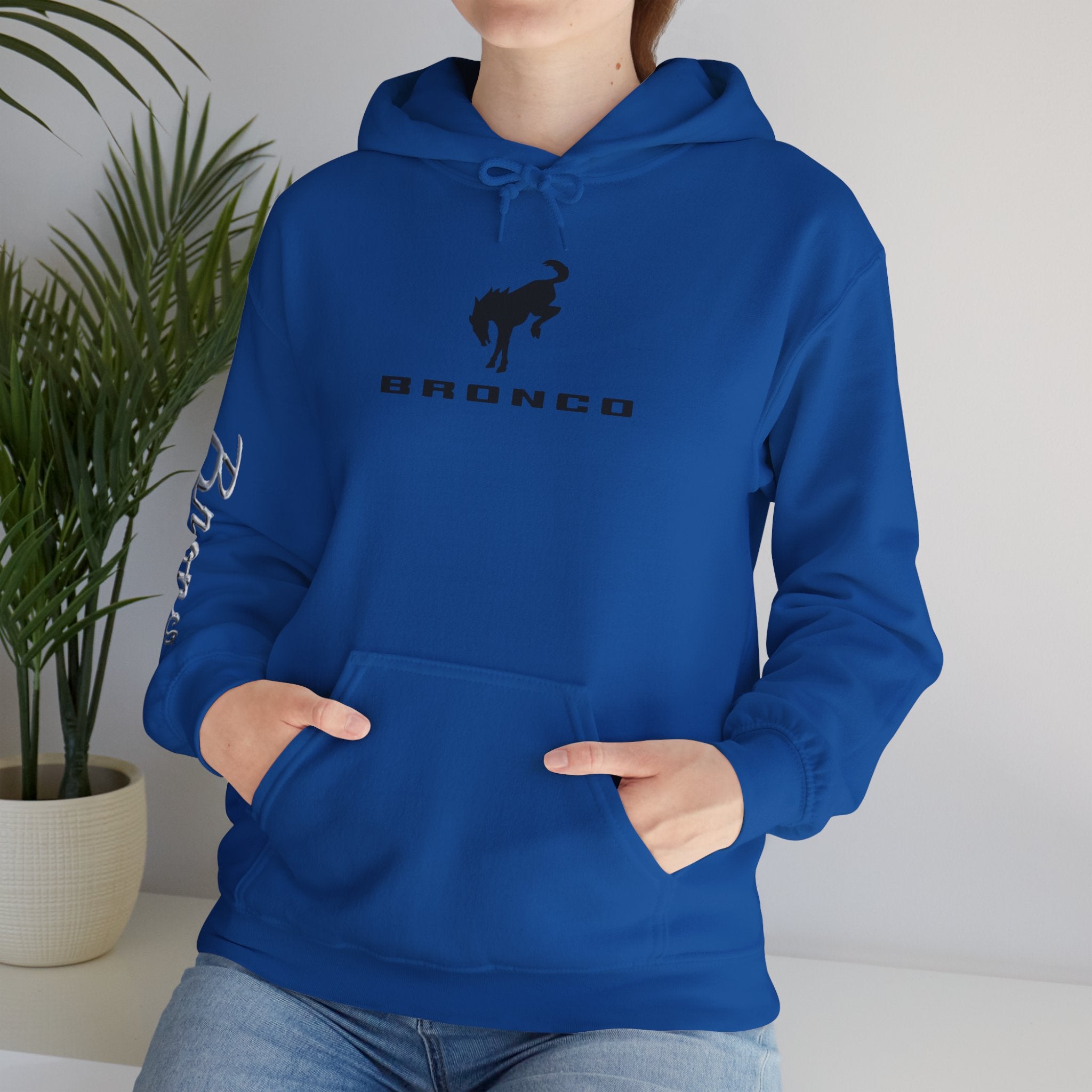 Bronco Logo Hoodie – Bucking Bronco with Distressed American Flag Tire-Track Back Hoodie
