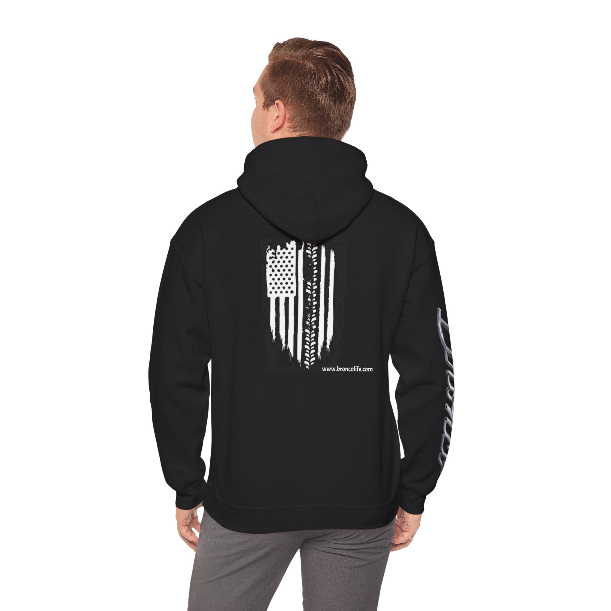 Bronco Logo Hoodie – Bucking Bronco with Distressed American Flag Tire-Track Back Hoodie