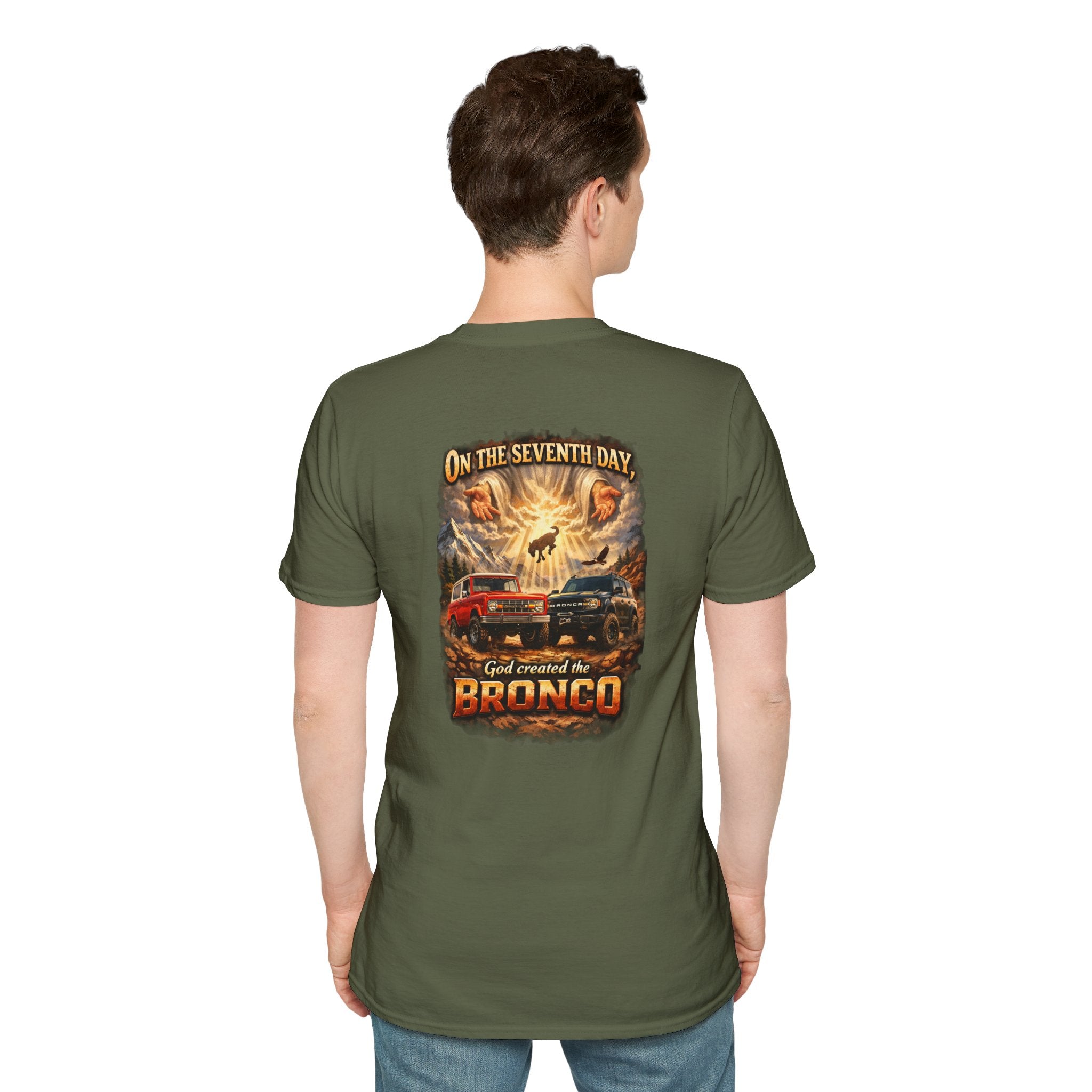 On the Seventh Day God Created the Bronco Tee – Vintage Ford Bronco Graphic Shirt