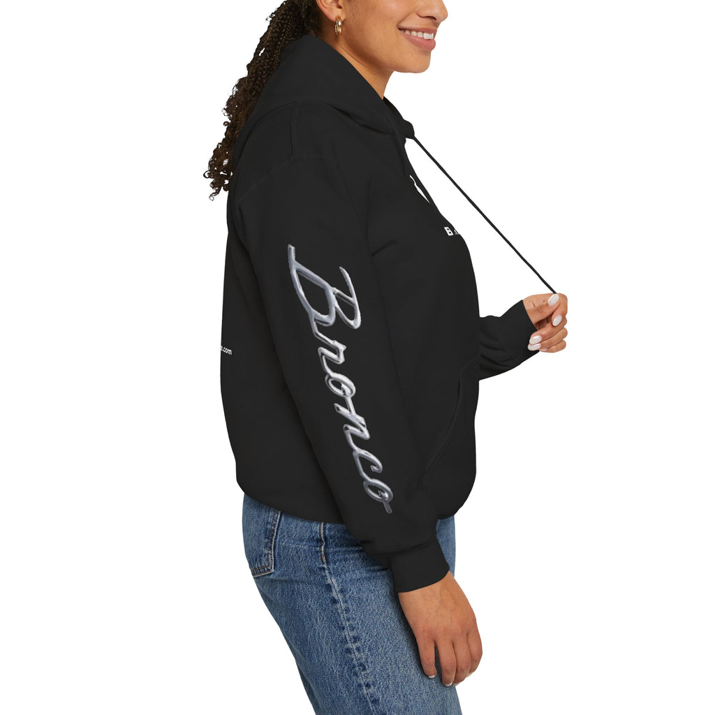 Bronco Logo Hoodie – Bucking Bronco with Distressed American Flag Tire-Track Back Hoodie