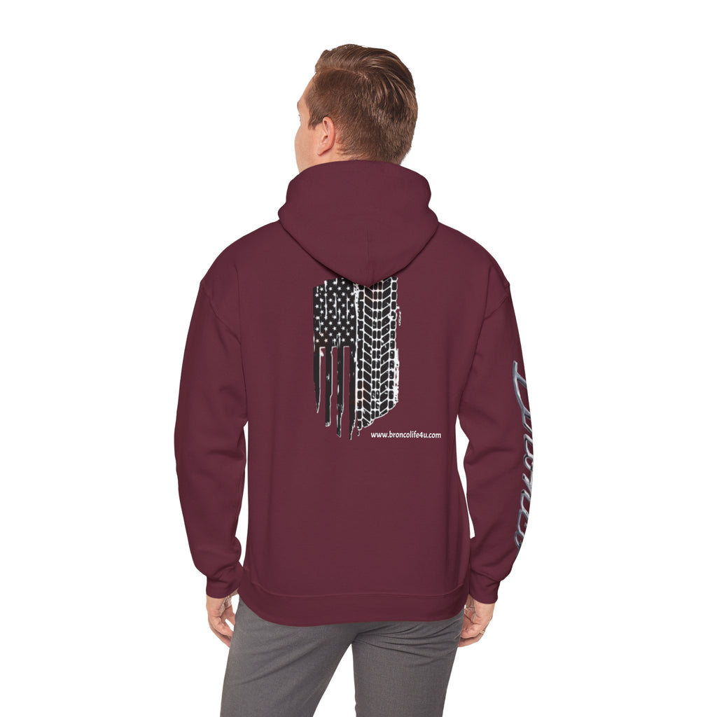 Bronco Logo Hoodie – Bucking Bronco with Distressed American Flag Tire-Track Back Hoodie