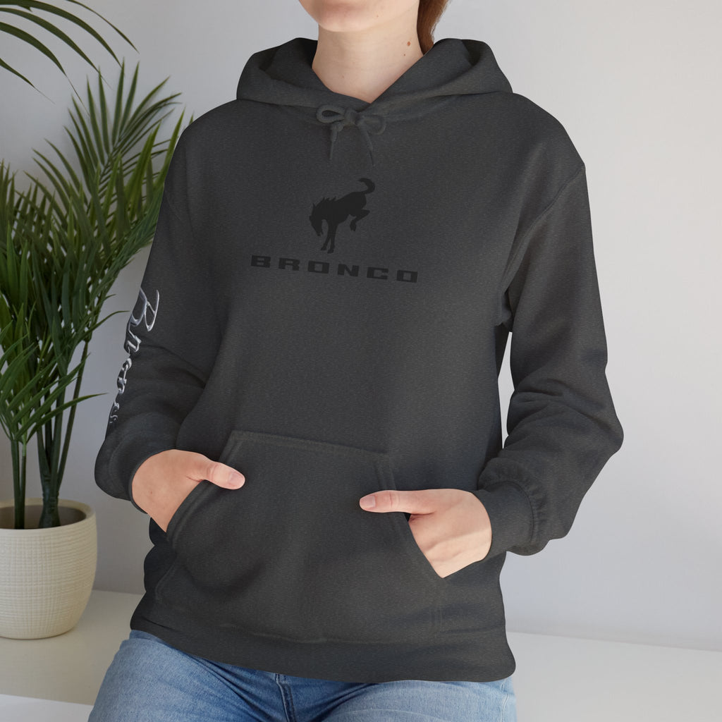 Bronco Logo Hoodie – Bucking Bronco with Distressed American Flag Tire-Track Back Hoodie