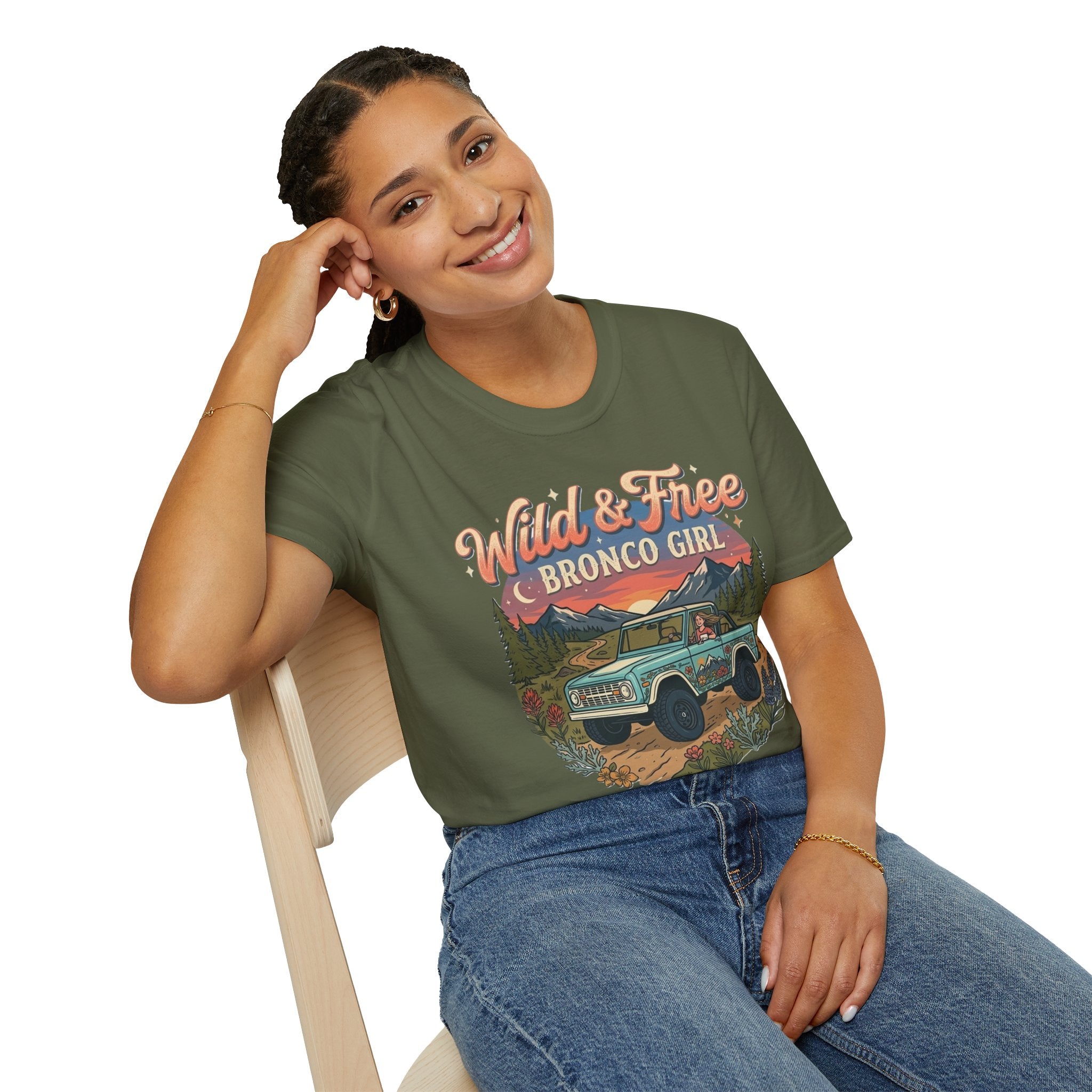 Wild & Free Bronco Girl Tee – Vintage Ford Bronco Women’s Off-Road Adventure Shirt