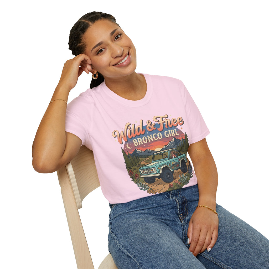 Wild & Free Bronco Girl Tee – Vintage Ford Bronco Women’s Off-Road Adventure Shirt