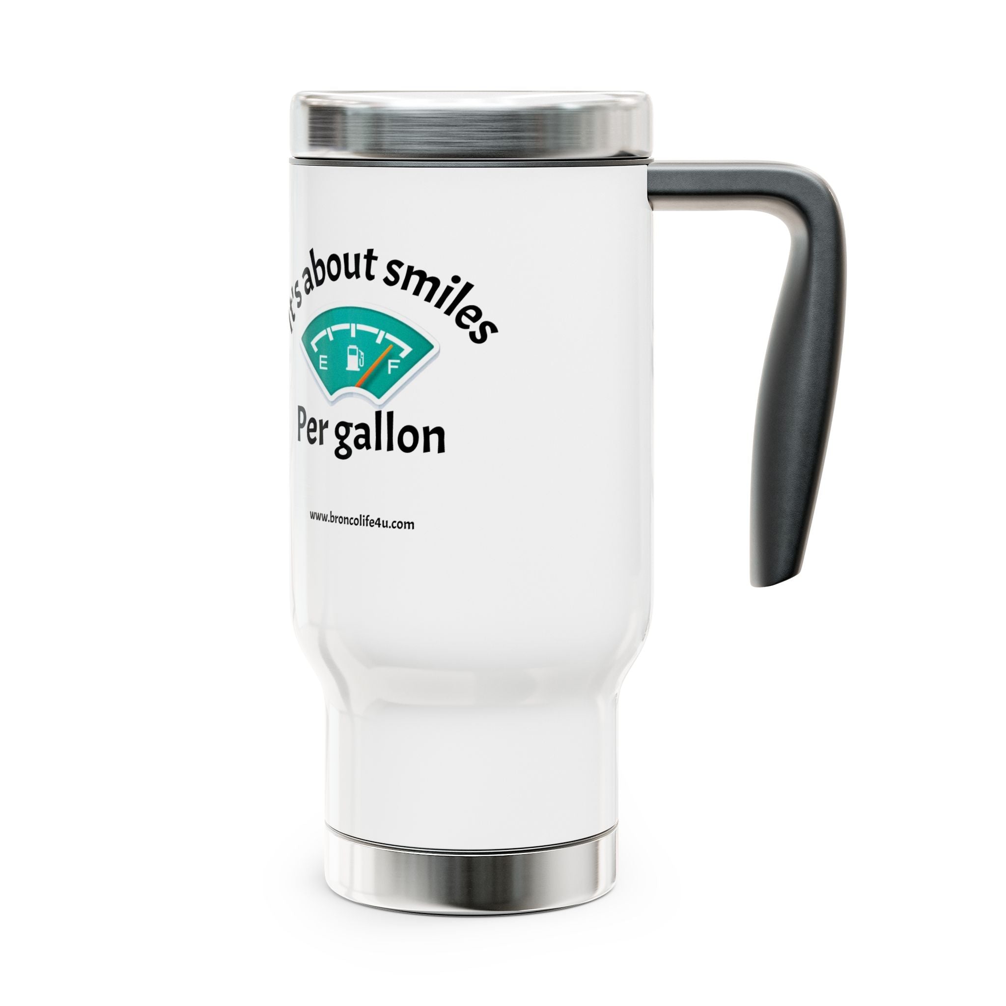 Bronco “Smiles Per Gallon” 14oz Stainless Travel Mug with Handle — Adventure-Ready & Laugh-Approved