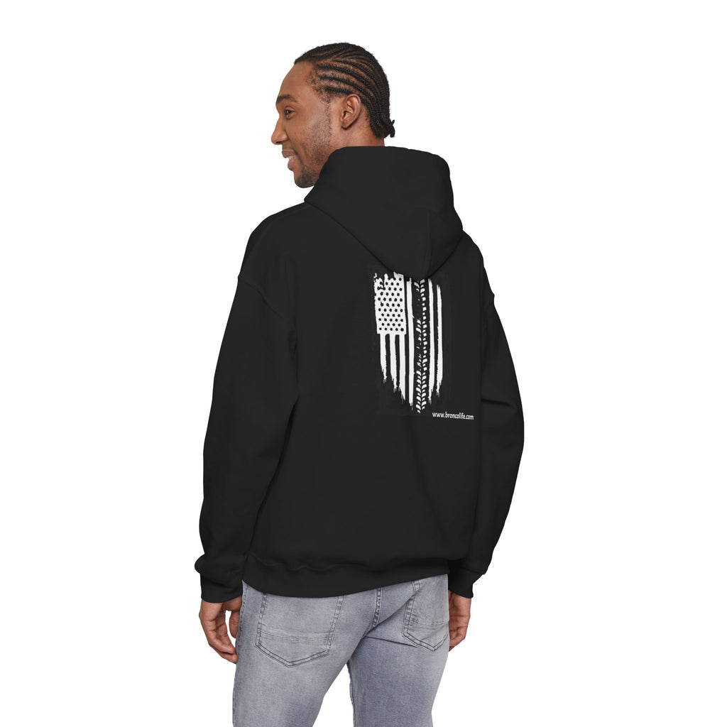 Bronco Logo Hoodie – Bucking Bronco with Distressed American Flag Tire-Track Back Hoodie