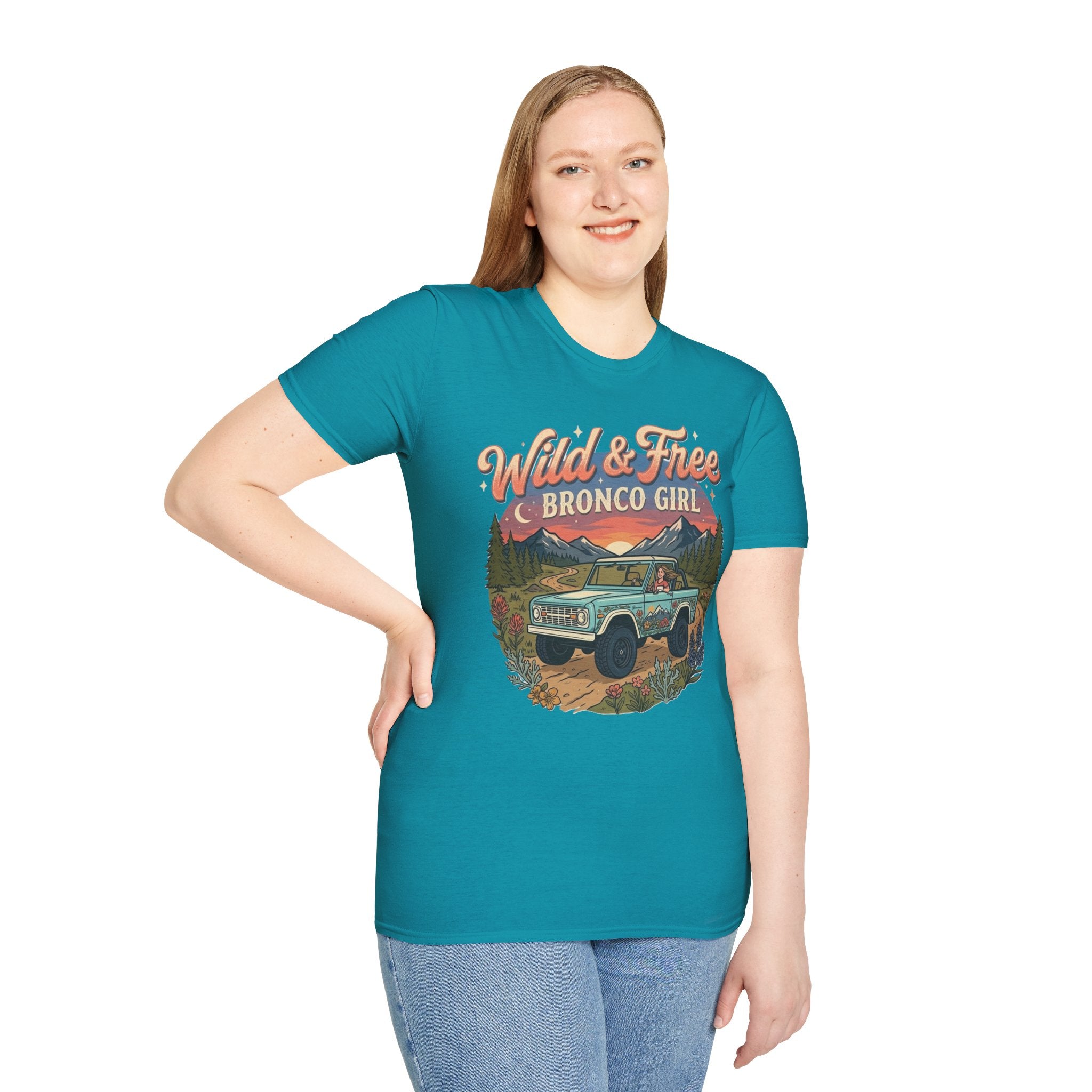 Wild & Free Bronco Girl Tee – Vintage Ford Bronco Women’s Off-Road Adventure Shirt