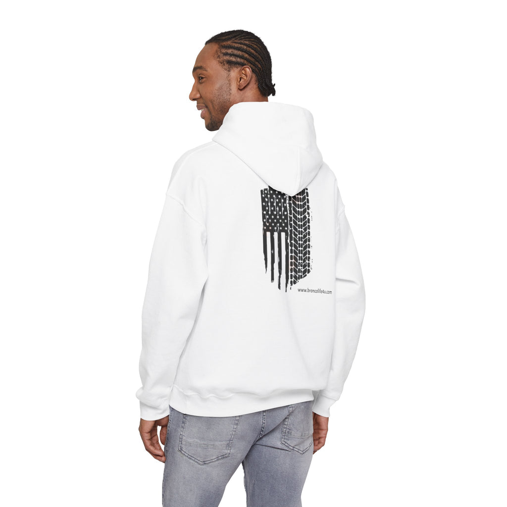 Bronco Logo Hoodie – Bucking Bronco with Distressed American Flag Tire-Track Back Hoodie