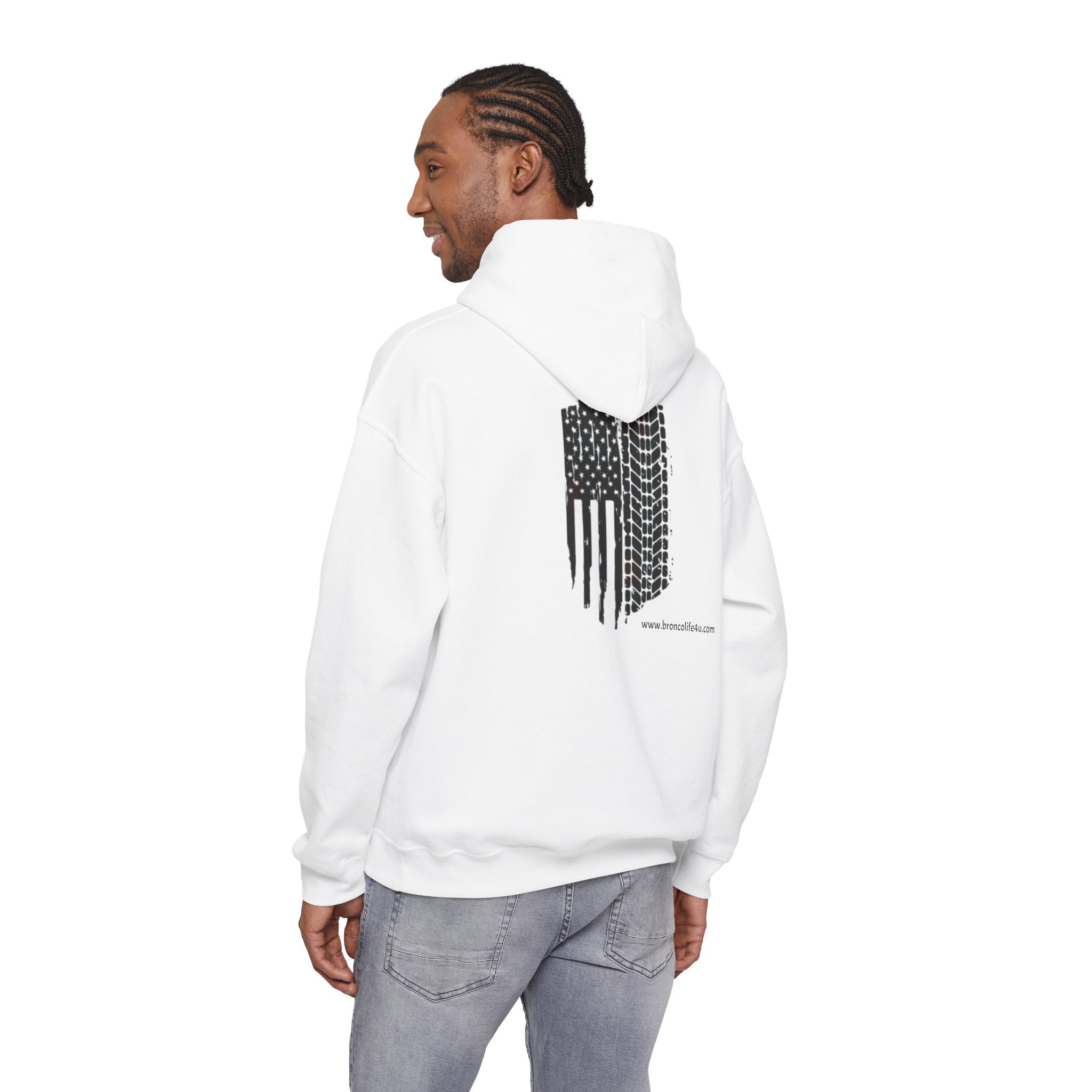 Bronco Logo Hoodie – Bucking Bronco with Distressed American Flag Tire-Track Back Hoodie