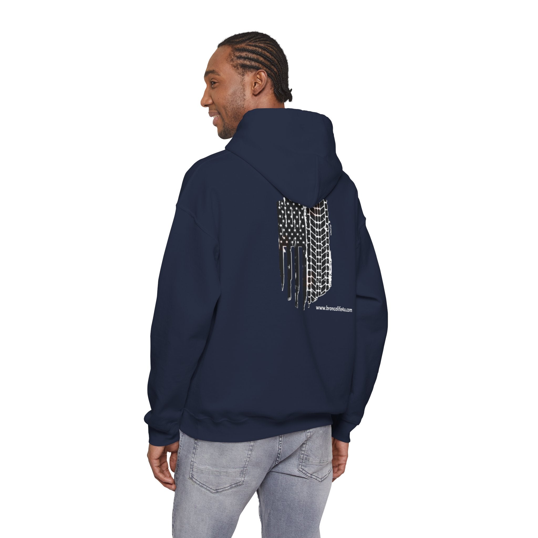 Bronco Logo Hoodie – Bucking Bronco with Distressed American Flag Tire-Track Back Hoodie