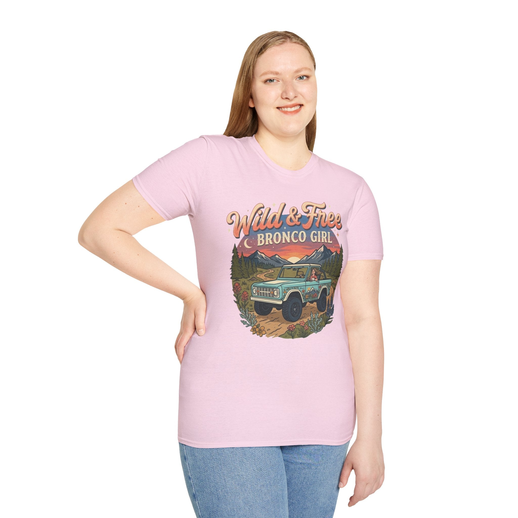 Wild & Free Bronco Girl Tee – Vintage Ford Bronco Women’s Off-Road Adventure Shirt