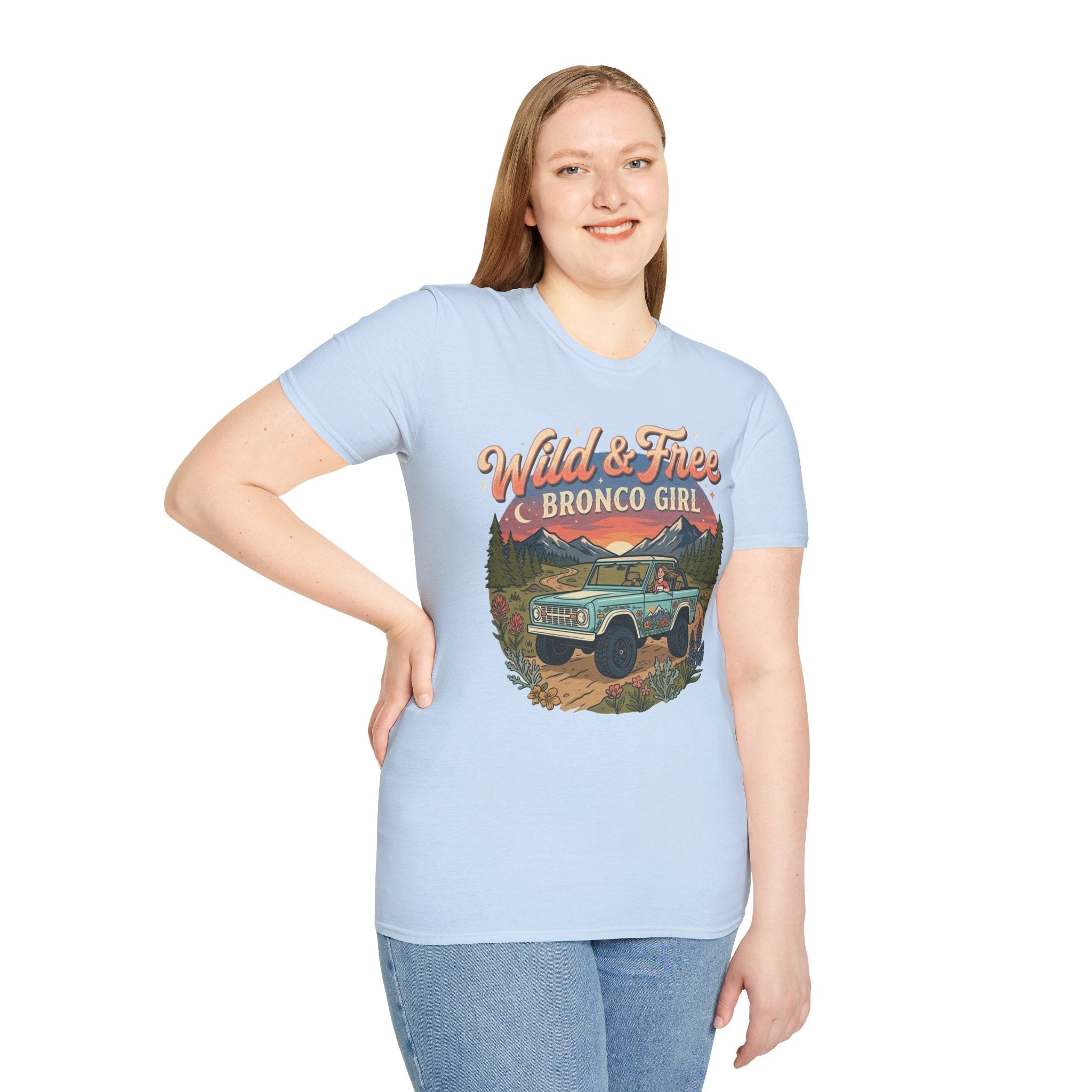 Wild & Free Bronco Girl Tee – Vintage Ford Bronco Women’s Off-Road Adventure Shirt