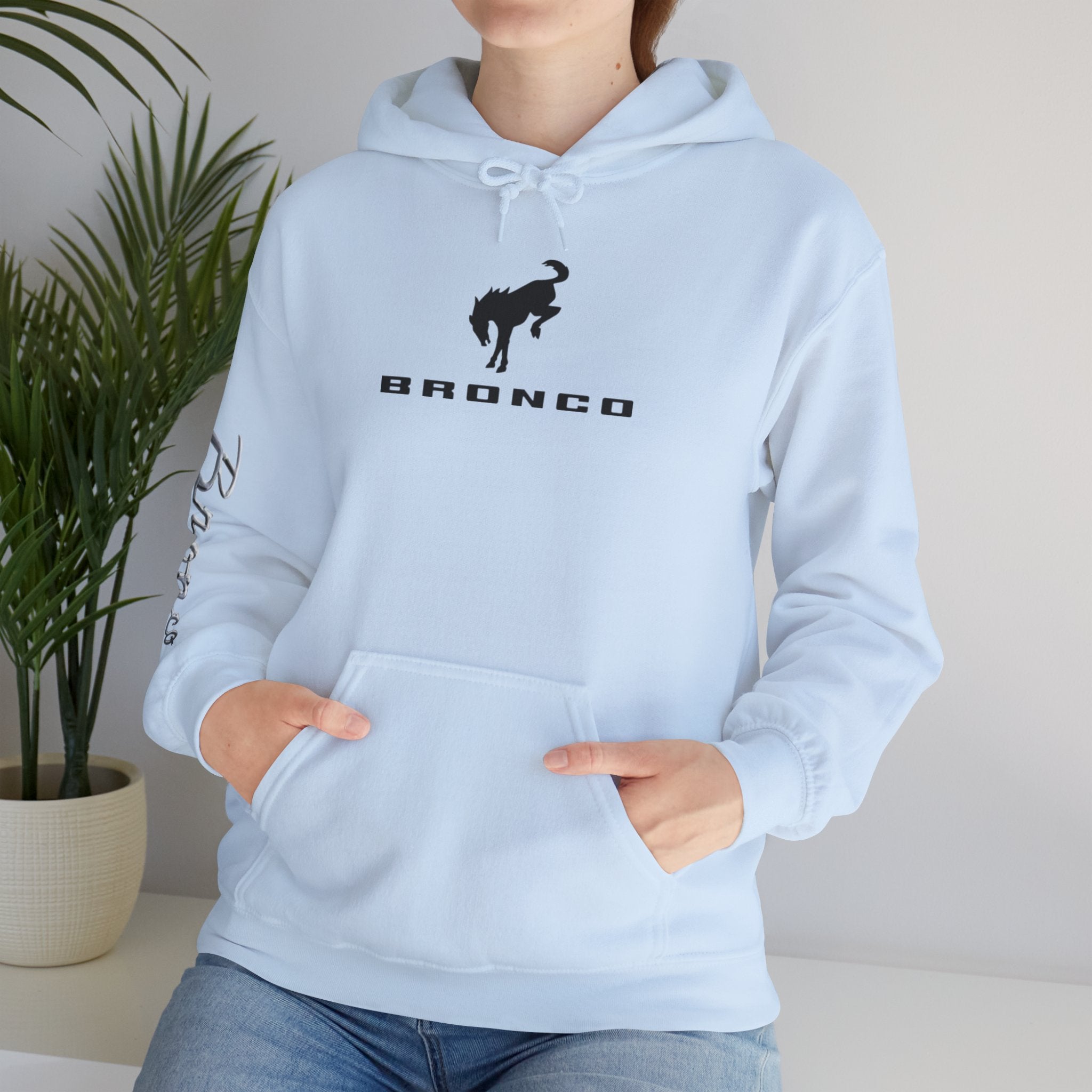 Bronco Logo Hoodie – Bucking Bronco with Distressed American Flag Tire-Track Back Hoodie