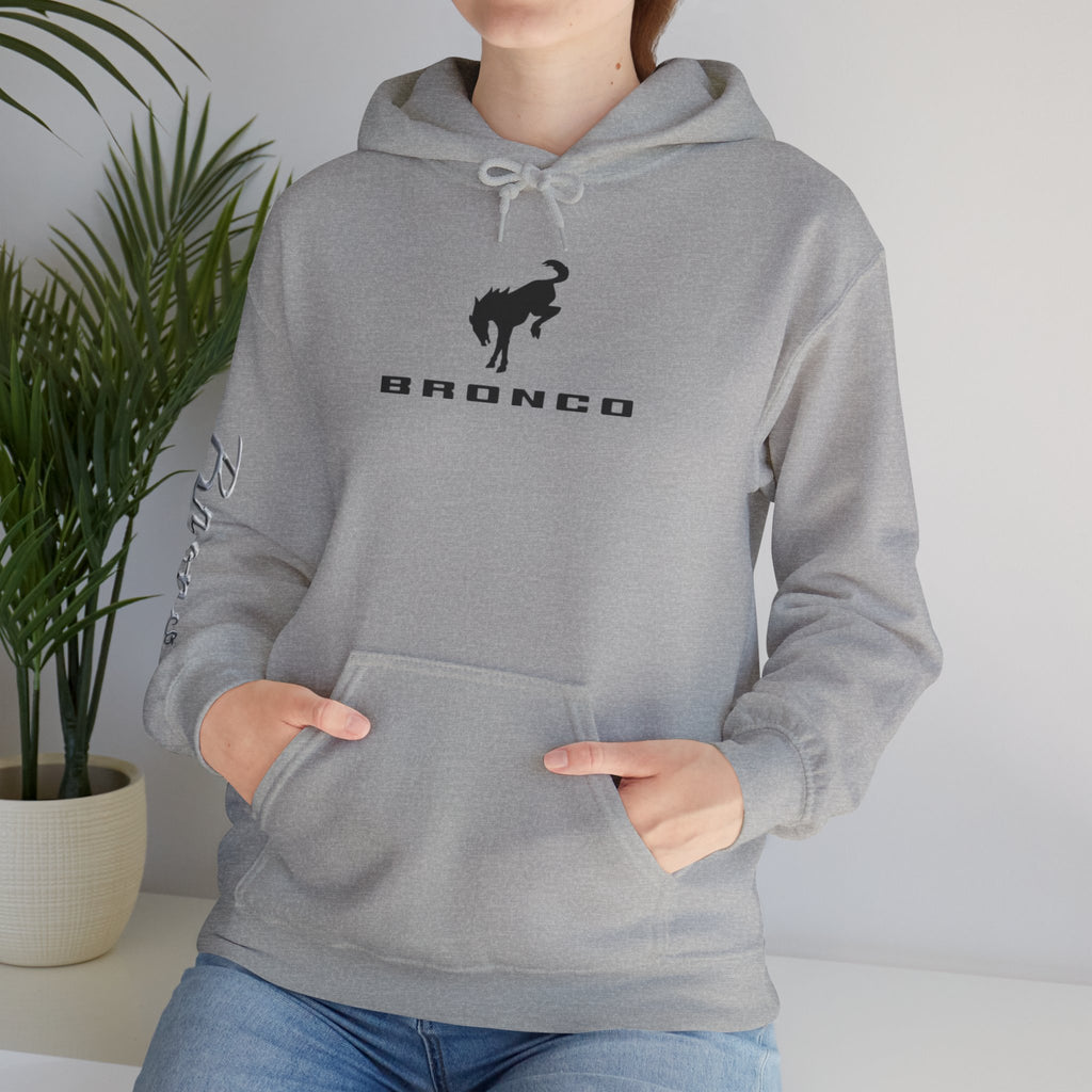 Bronco Logo Hoodie – Bucking Bronco with Distressed American Flag Tire-Track Back Hoodie