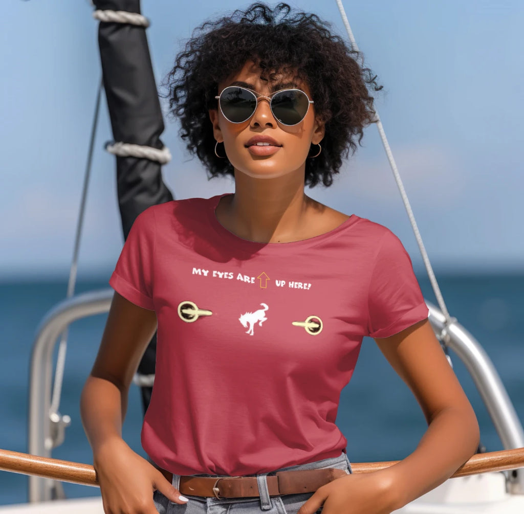 “My Eyes Are Up Here” Bronco Yellow Headlights Tee — The Ultimate Bronco Life Icebreaker T-Shirt