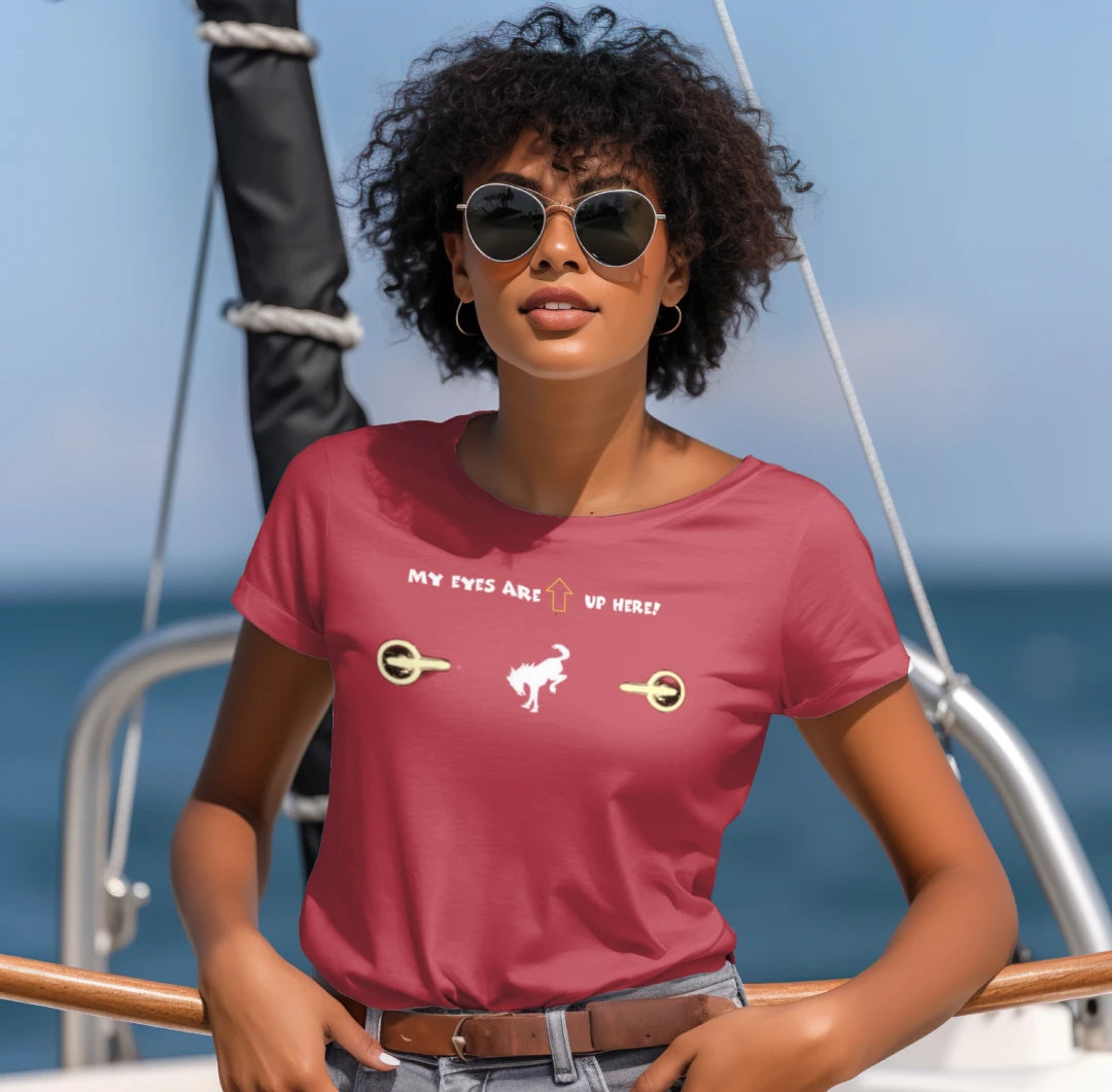 “My Eyes Are Up Here” Bronco Yellow Headlights Tee — The Ultimate Bronco Life Icebreaker T-Shirt
