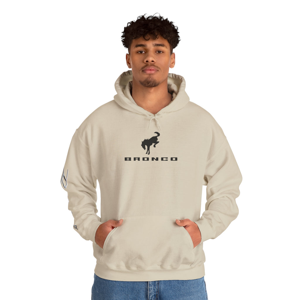 Bronco Logo Hoodie – Bucking Bronco with Distressed American Flag Tire-Track Back Sand Hoodie