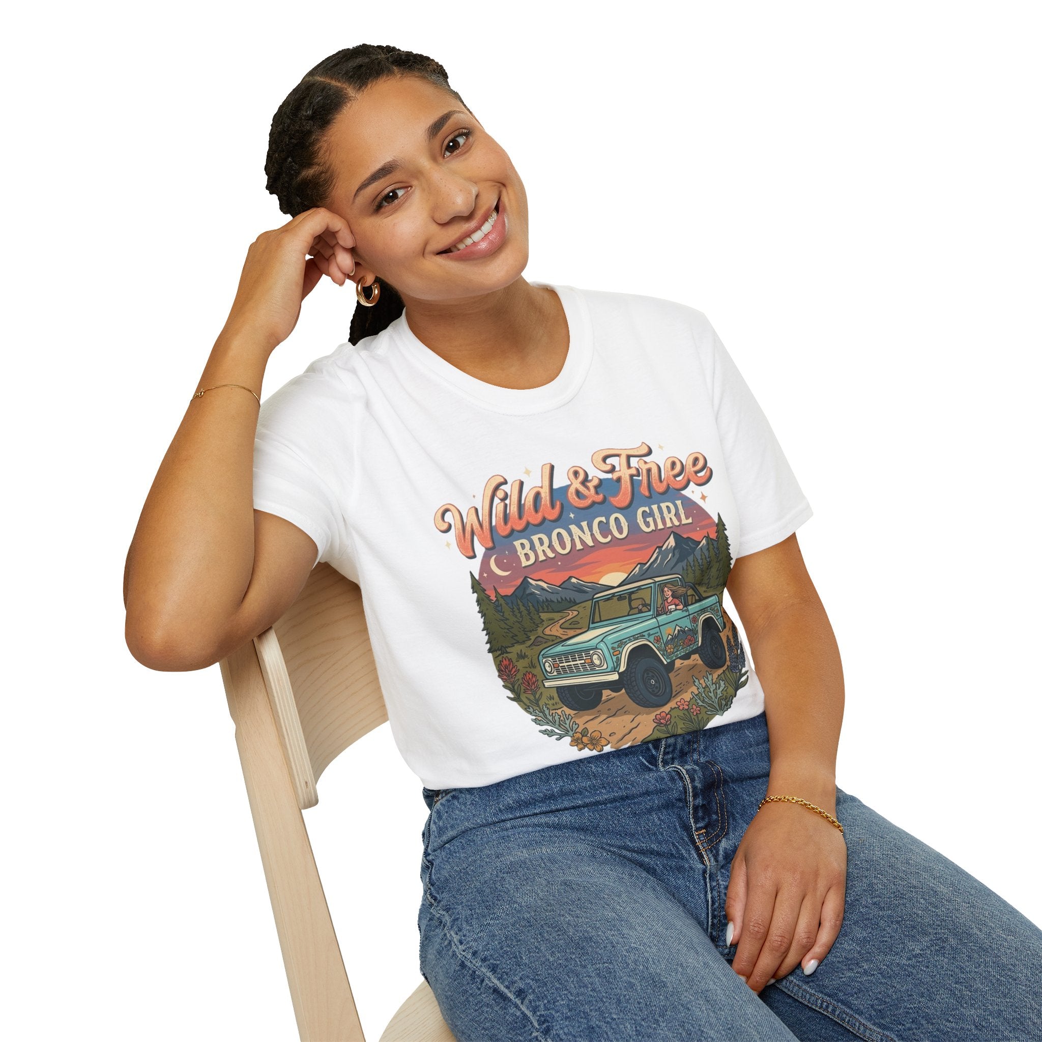 Wild & Free Bronco Girl Tee – Vintage Ford Bronco Women’s Off-Road Adventure Shirt