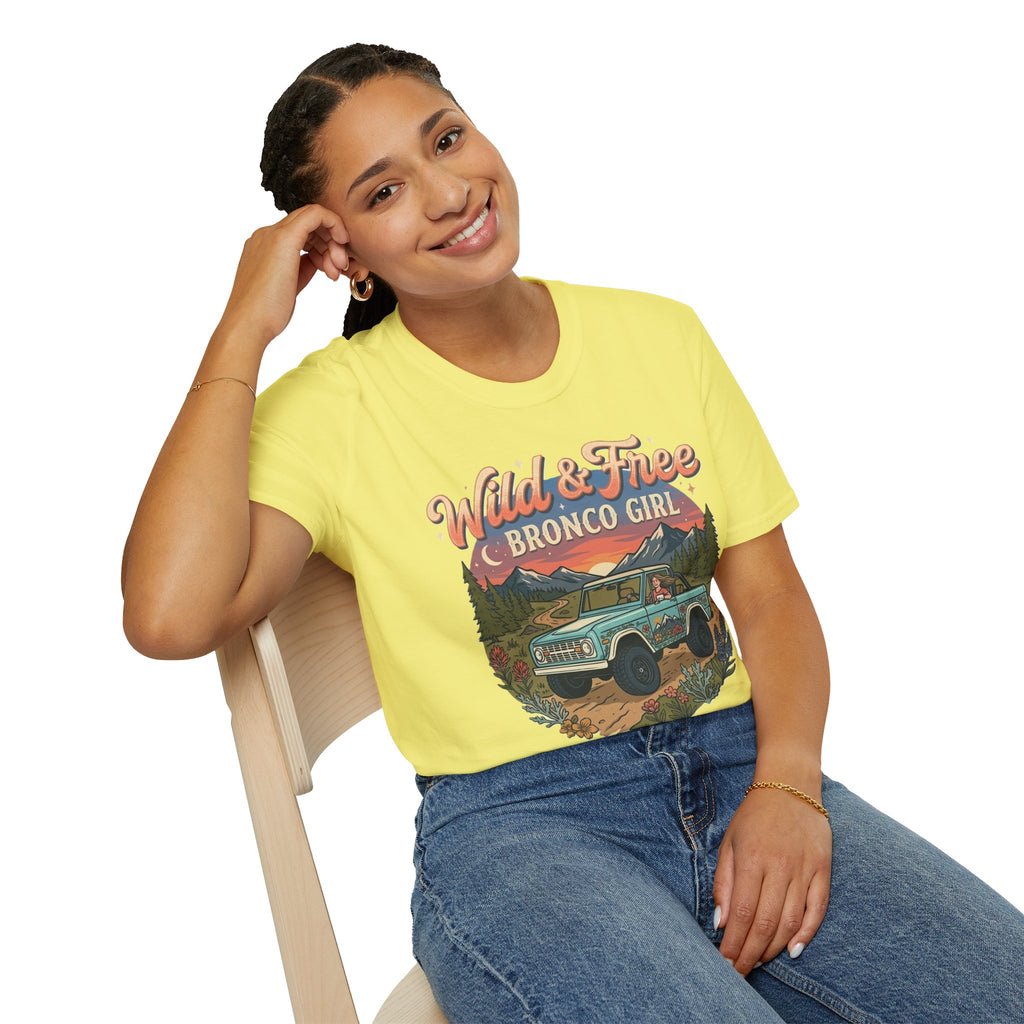 Wild & Free Bronco Girl Tee – Vintage Ford Bronco Women’s Off-Road Adventure Shirt