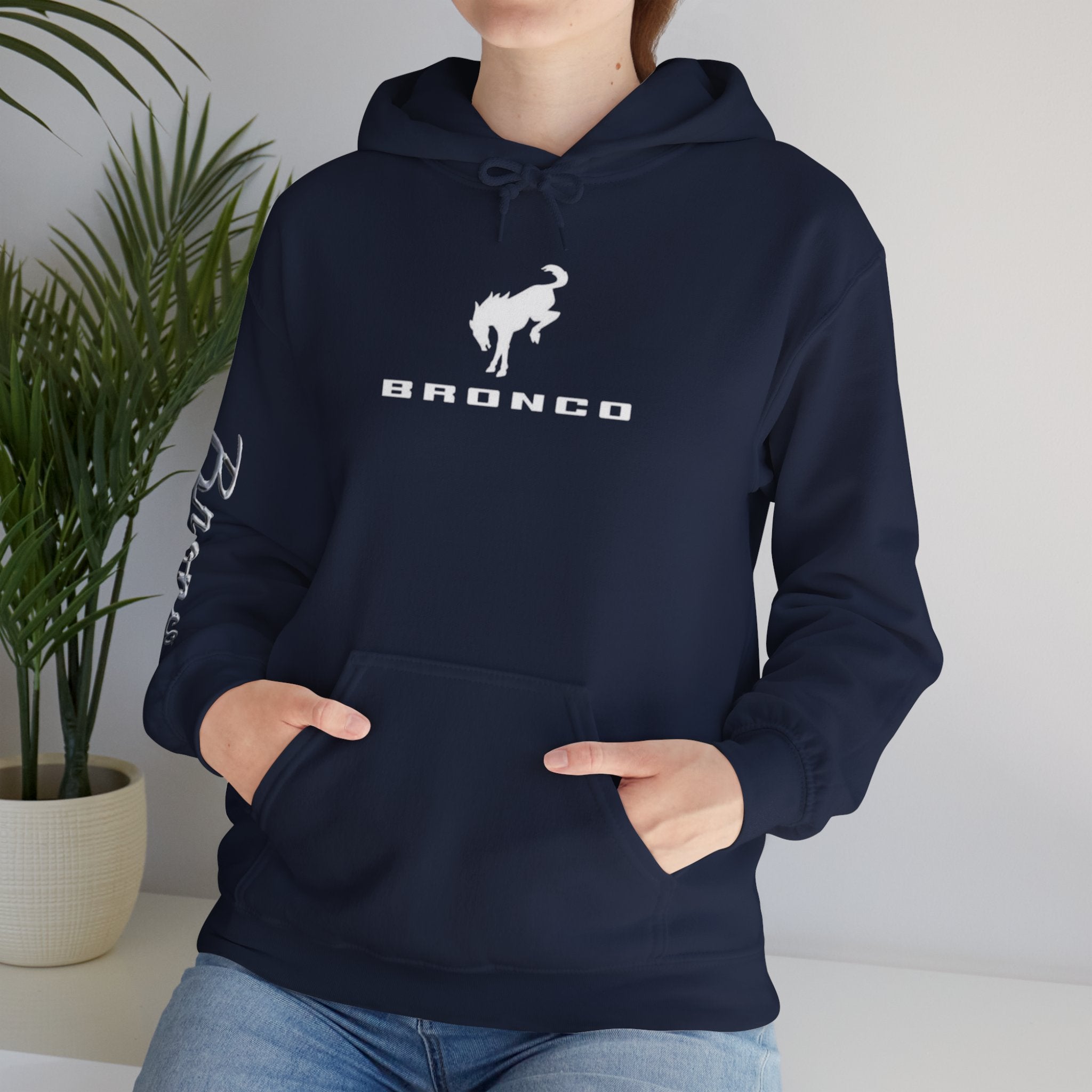 Bronco Logo Hoodie – Bucking Bronco with Distressed American Flag Tire-Track Back Hoodie