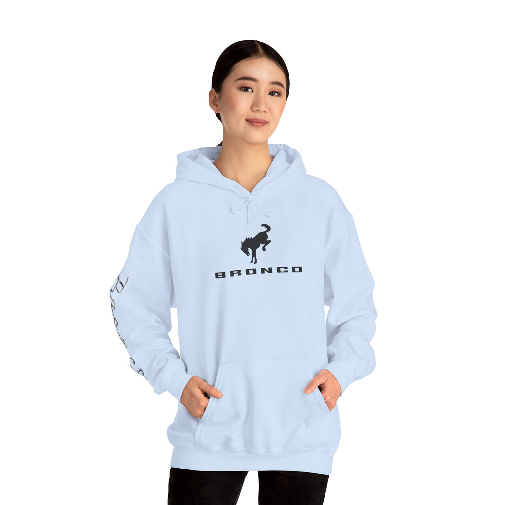Bronco Logo Hoodie – Bucking Bronco with Distressed American Flag Tire-Track Back Light Blue Hoodie