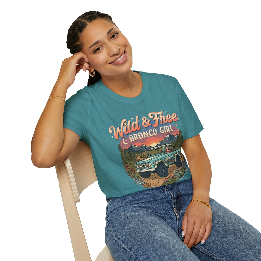 Wild & Free Bronco Girl Tee – Vintage Ford Bronco Women’s Off-Road Adventure Shirt