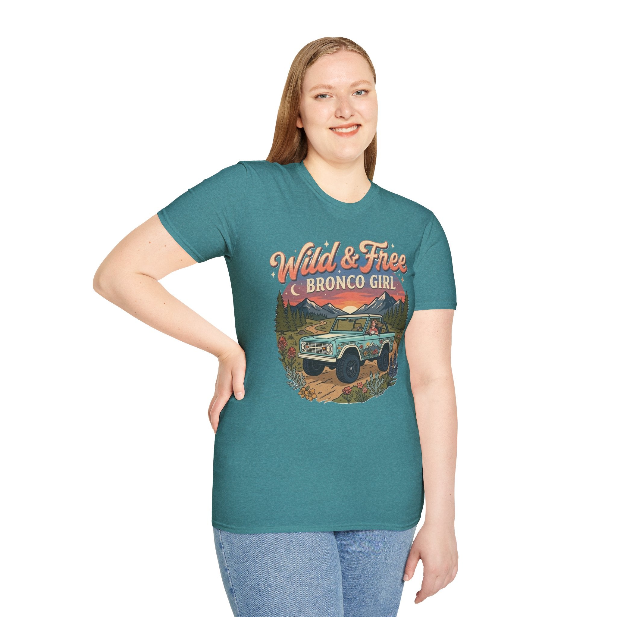 Wild & Free Bronco Girl Tee – Vintage Ford Bronco Women’s Off-Road Adventure Shirt