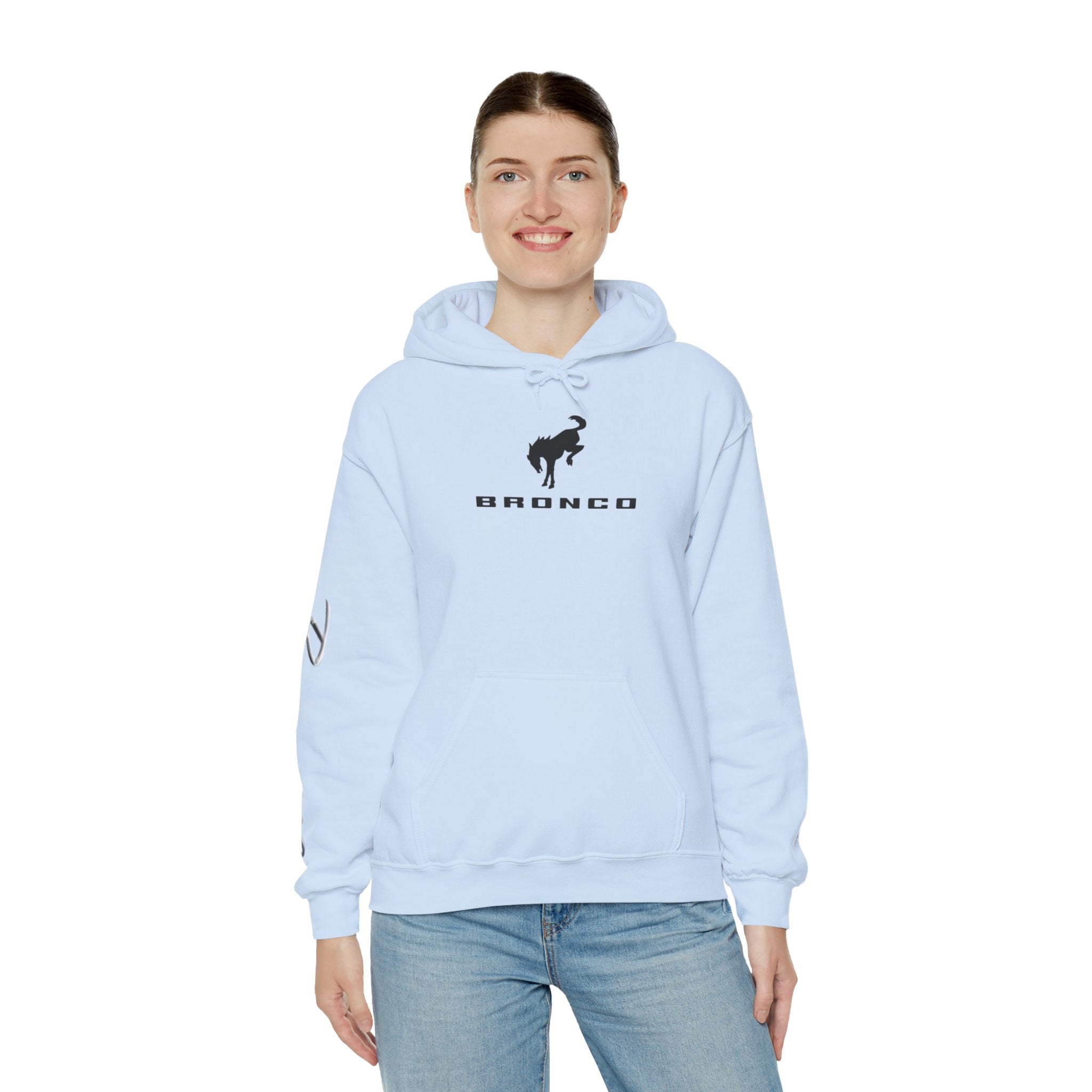Bronco Logo Hoodie – Bucking Bronco with Distressed American Flag Tire-Track Back Hoodie