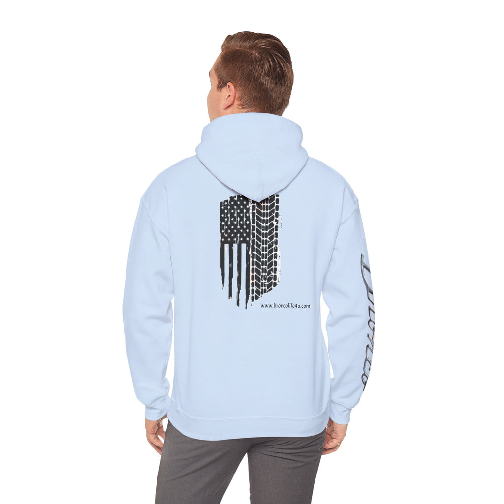 Bronco Logo Hoodie – Bucking Bronco with Distressed American Flag Tire-Track Back Hoodie