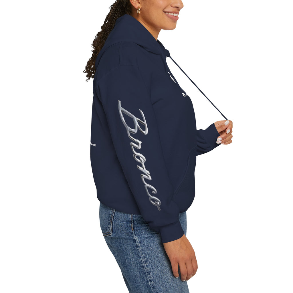 Bronco Logo Hoodie – Bucking Bronco with Distressed American Flag Tire-Track Back Hoodie