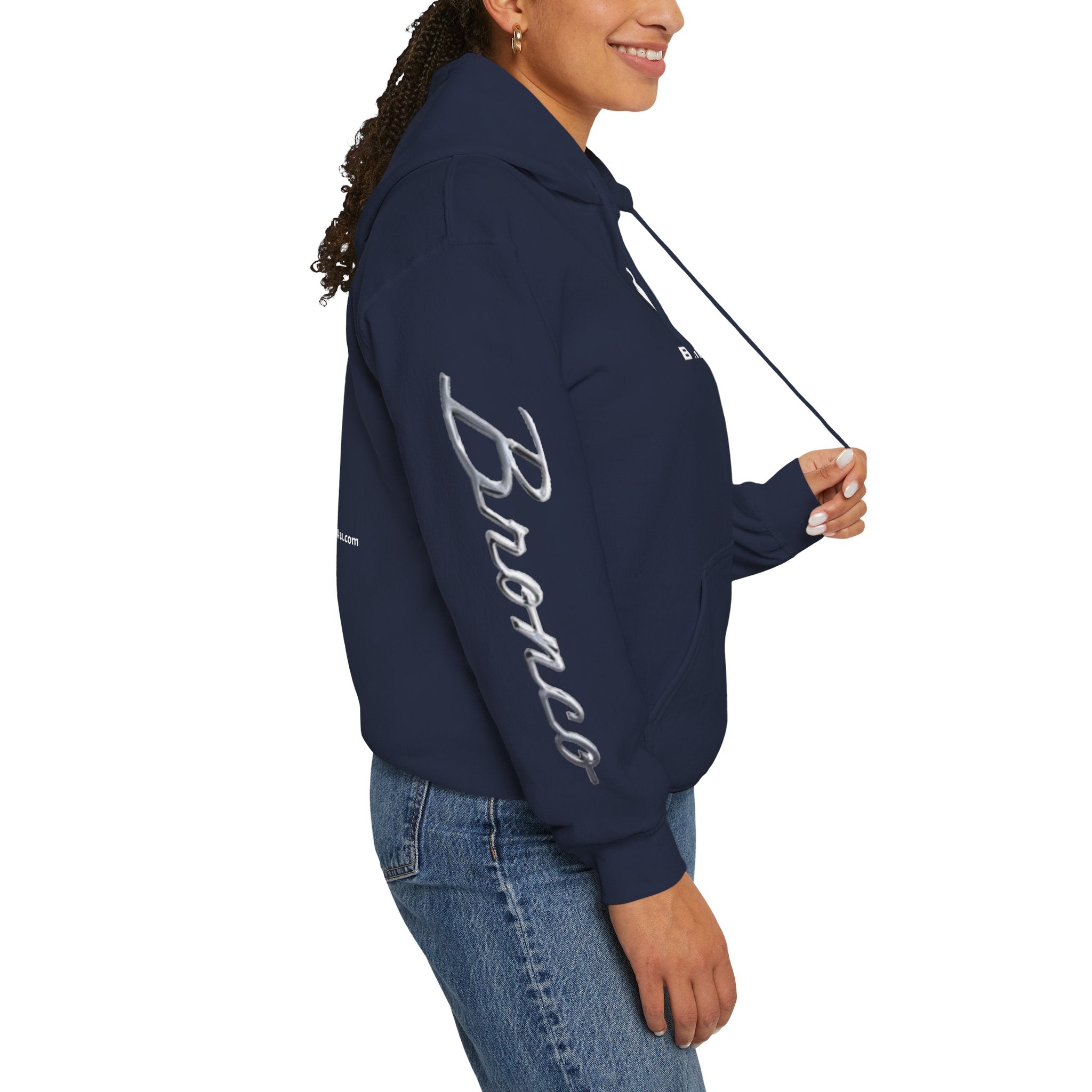Bronco Logo Hoodie – Bucking Bronco with Distressed American Flag Tire-Track Back Hoodie