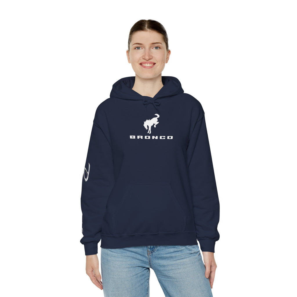 Bronco Logo Hoodie – Bucking Bronco with Distressed American Flag Tire-Track Back Navy Hoodie
